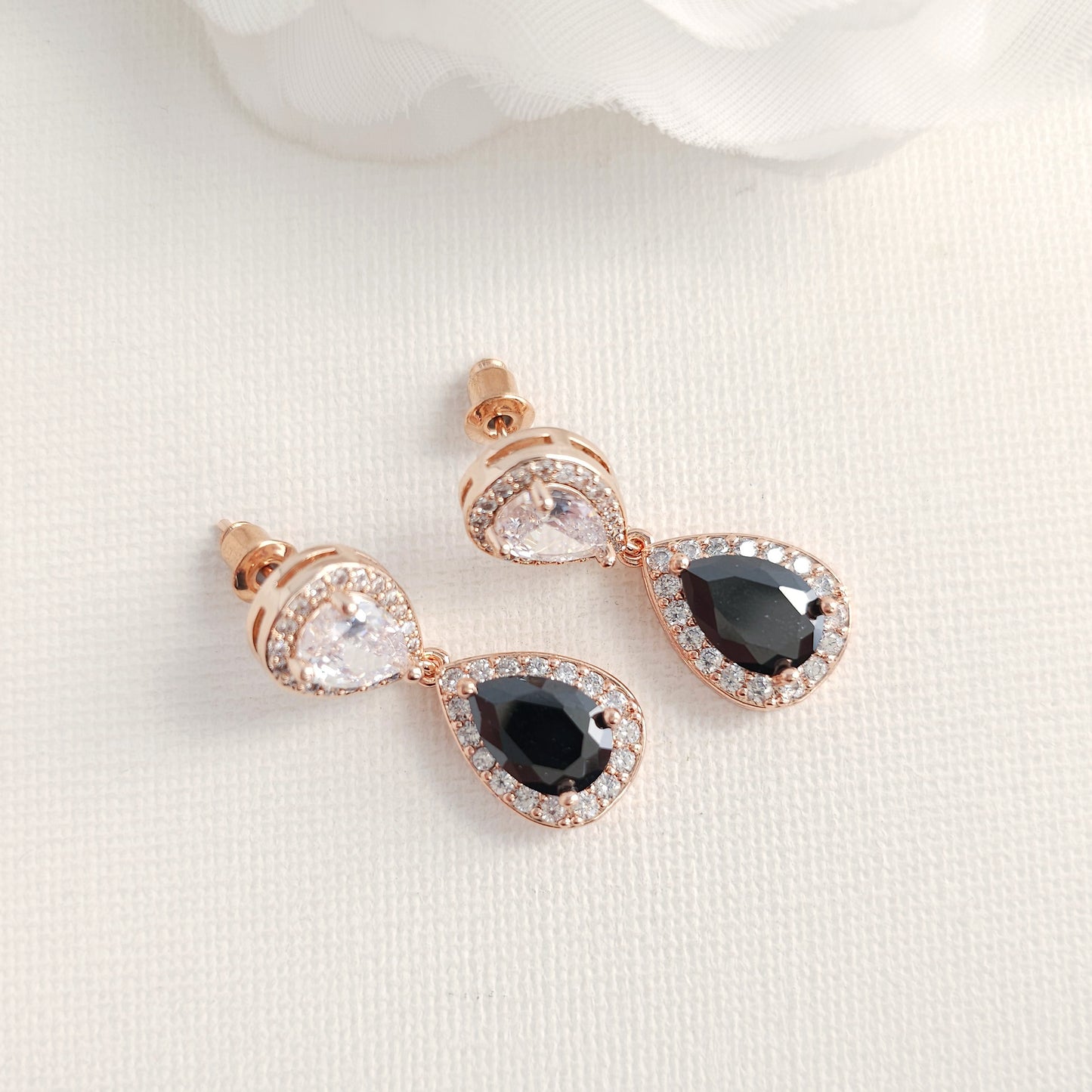Black & Clear Cubic Zirconia Drop Earrings: Elegant Contrast, Two-Tone Design- Zoe