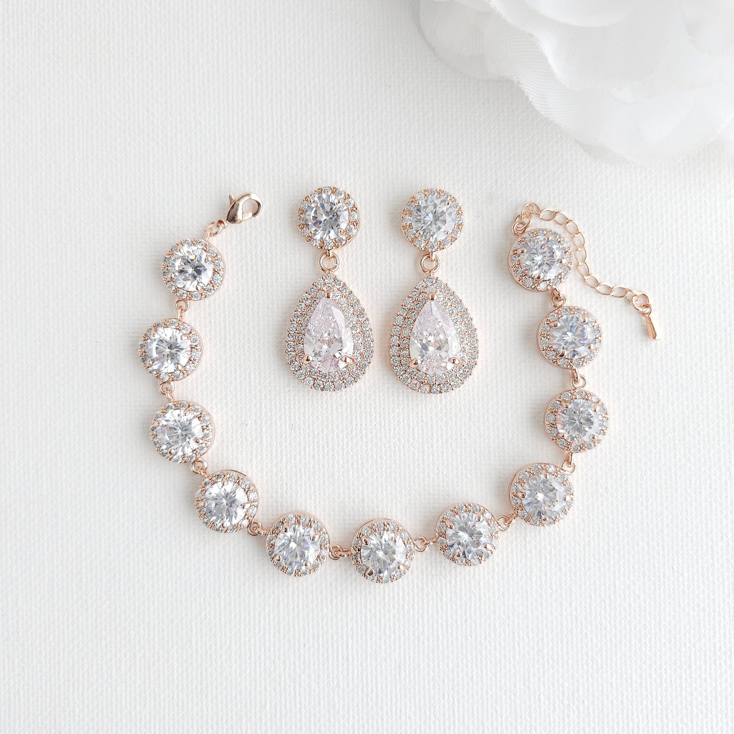 Rose Gold Bridal Jewelry Set | Vintage Teardrop Earrings & Halo Bracelet - Grace