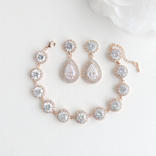 Rose Gold Bridal Jewelry Set | Vintage Teardrop Earrings & Halo Bracelet - Grace