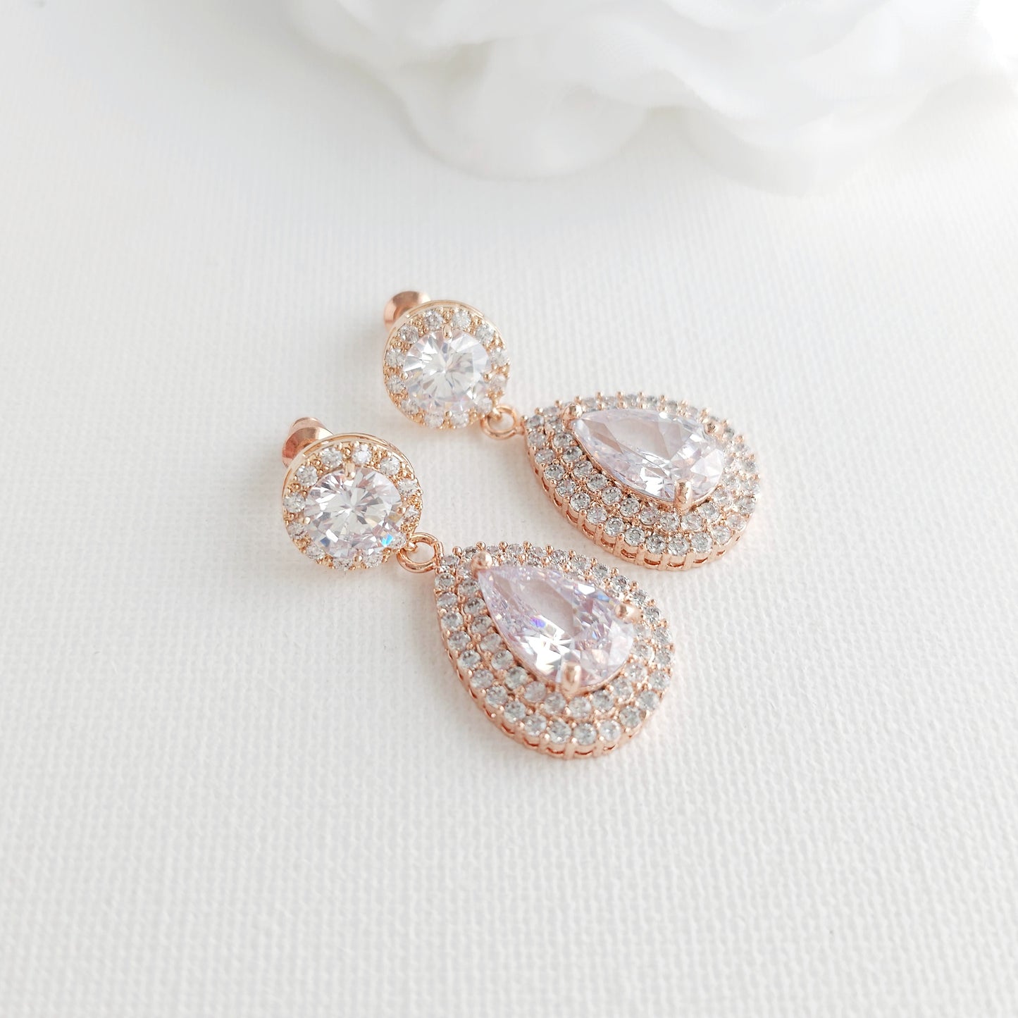 Rose Gold Vintage-Inspired Earrings | Double Halo Cubic Zirconia Teardrop - Grace