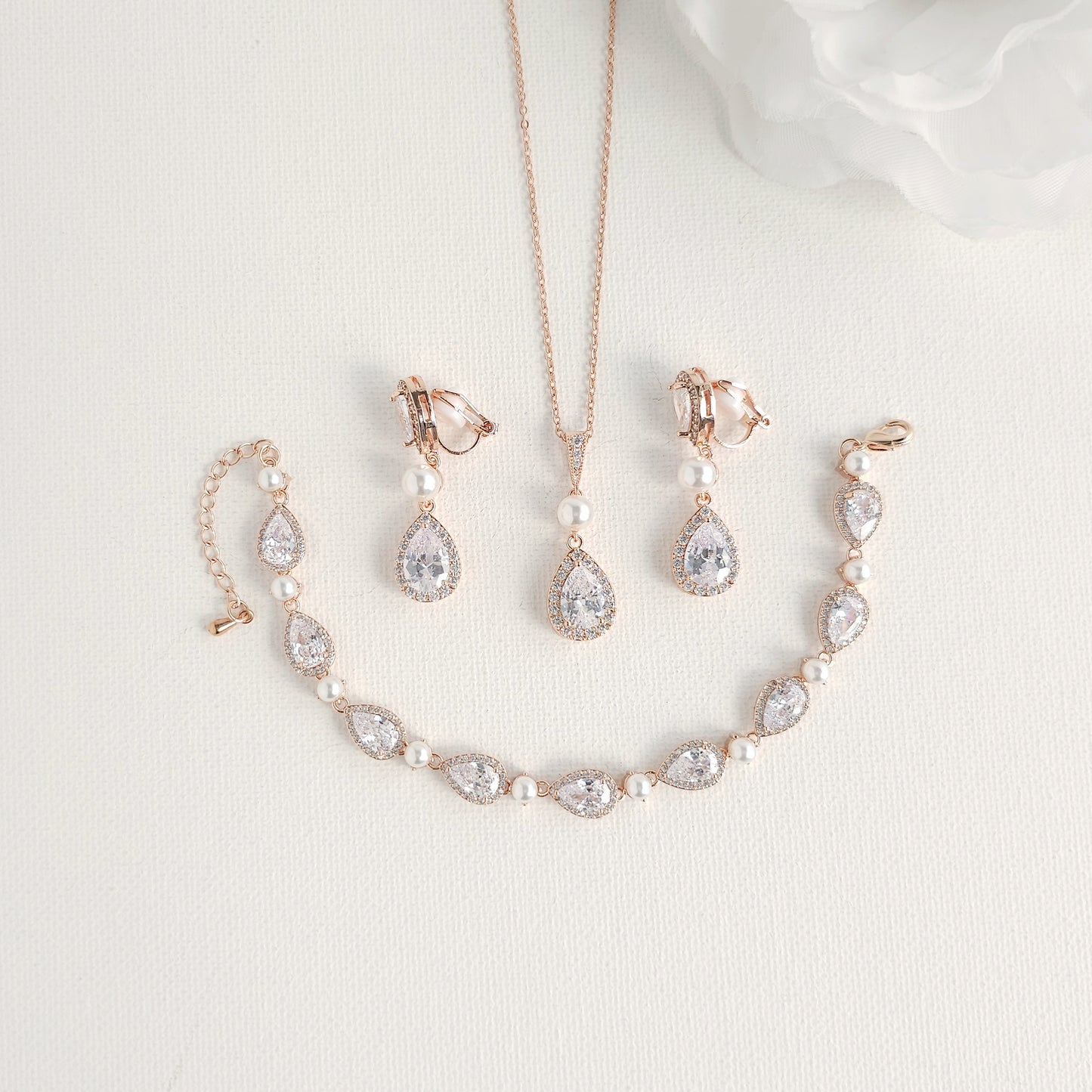 Silver 3-Piece Bridal Jewelry Set- Necklace, Bracelet & Clip-On Earrings- Emma