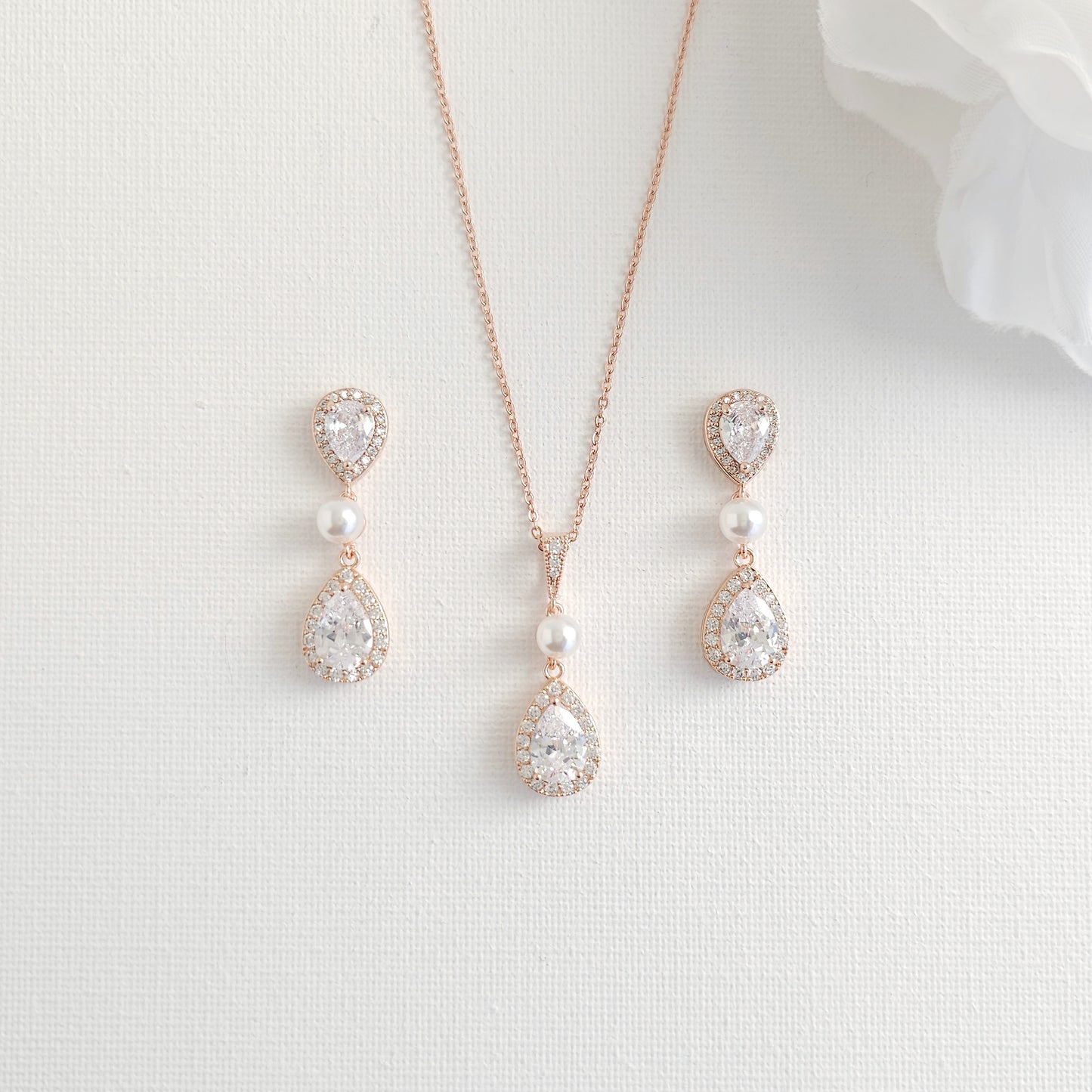 Classic Teardrop Pearl & Crystal Jewelry Set: Silver Necklace, Earrings & Bracelet- Emma