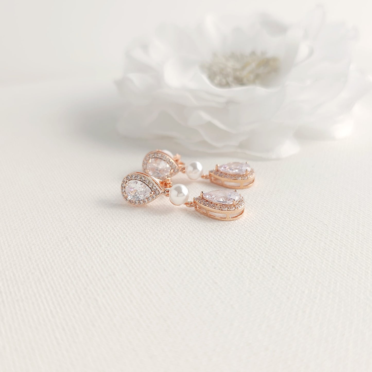 Silver Clip-On Earrings with CZ Teardrops and Ivory Pearls- Emma