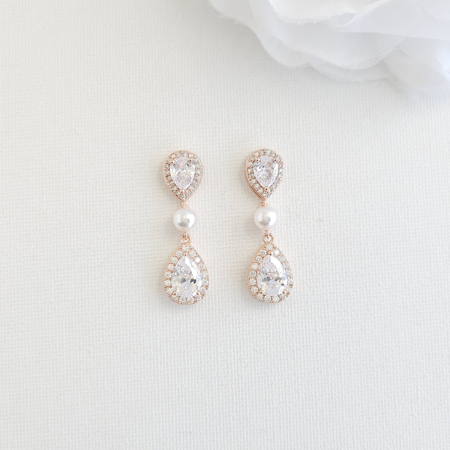 Teardrop Bridal Earrings: Rhodium-Plated Pearl & Cubic Zirconia -Emma
