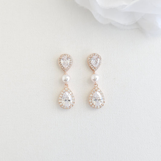 Rose Gold Bridal Teardrop Earrings with Pearl & Cubic Zirconia - Emma