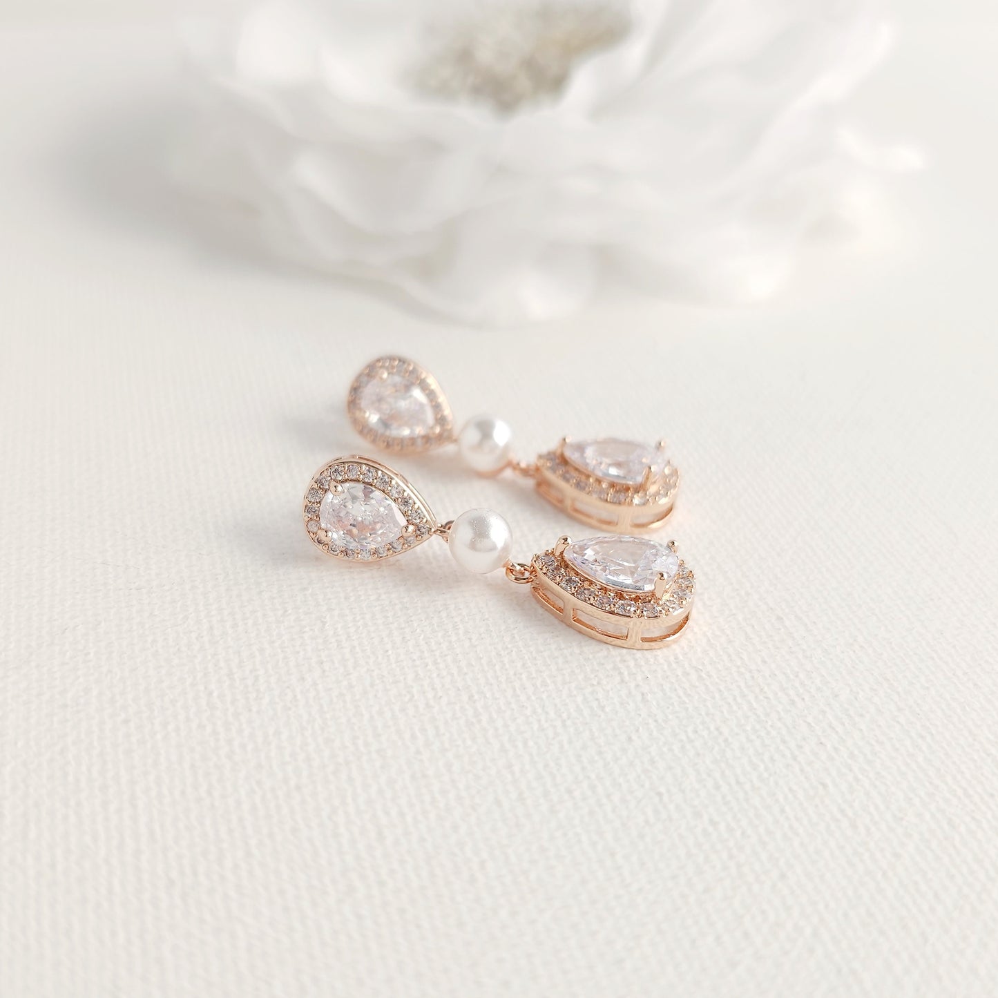 Classic Teardrop Pearl & Crystal Jewelry Set: Silver Necklace, Earrings & Bracelet- Emma