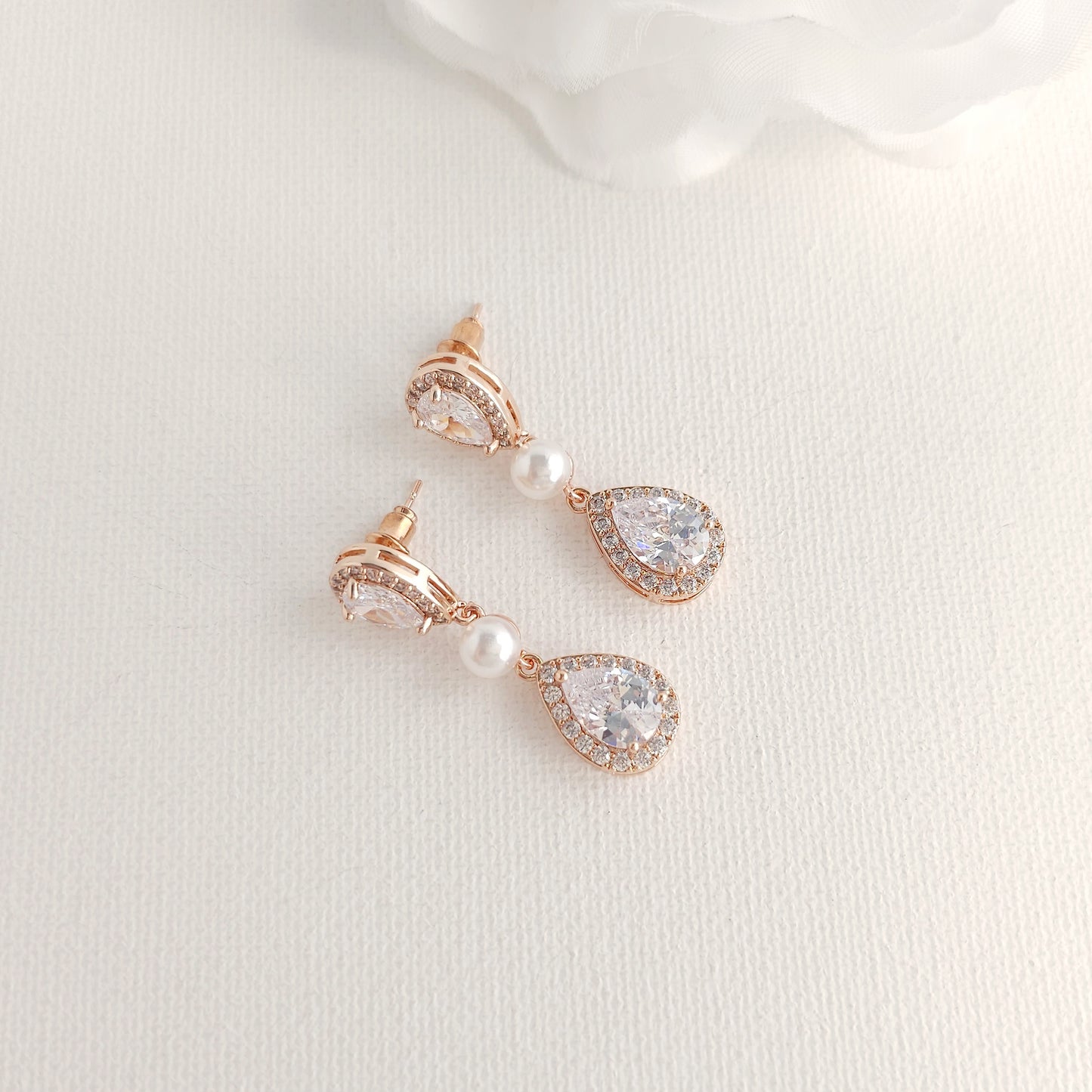 Teardrop Bridal Earrings: Rhodium-Plated Pearl & Cubic Zirconia -Emma