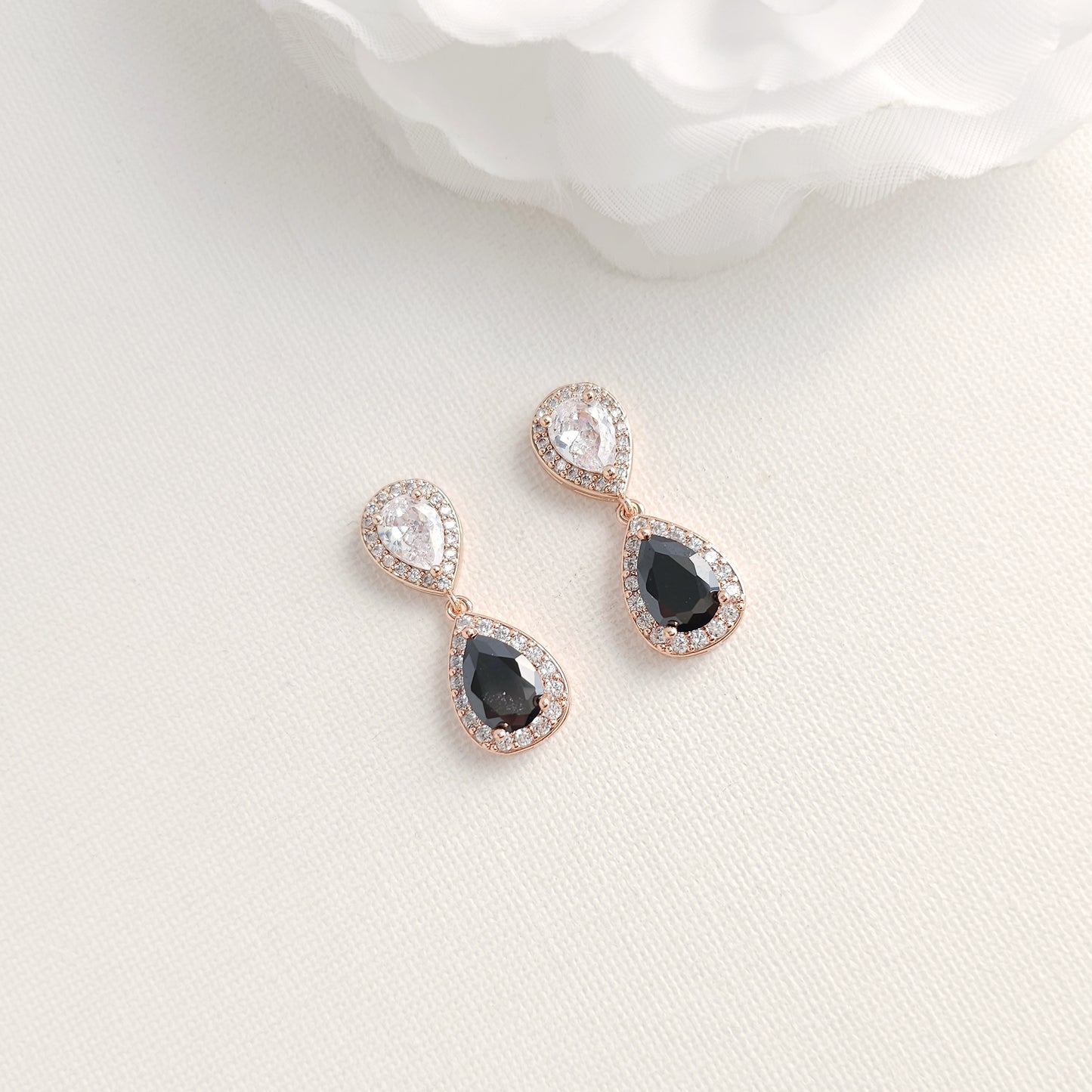 Black & Clear Cubic Zirconia Drop Earrings: Elegant Contrast, Two-Tone Design- Zoe