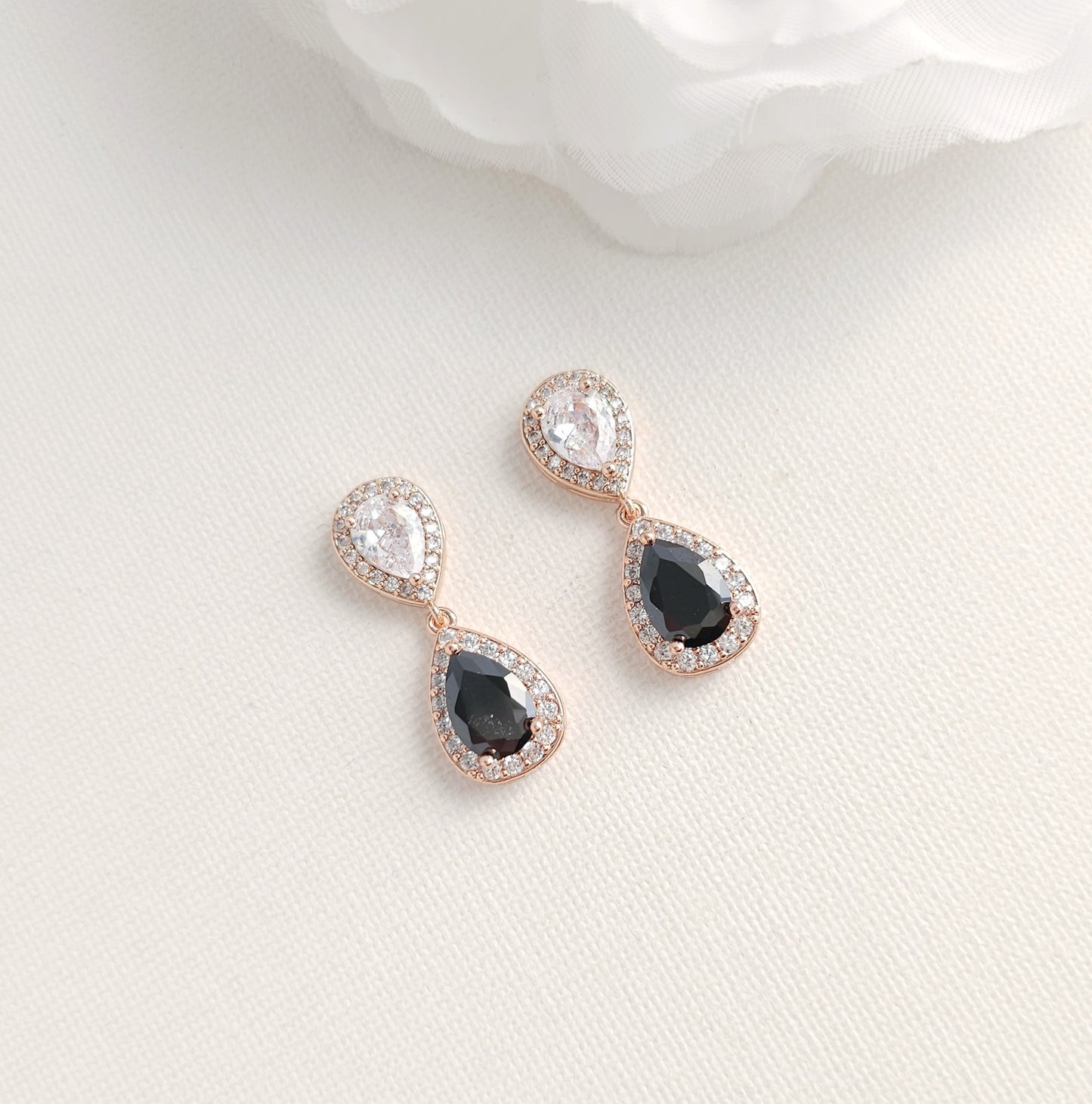 Rose Gold Black Cubic Zirconia Drop Earrings: Contrast or Matching Impact-Zoe