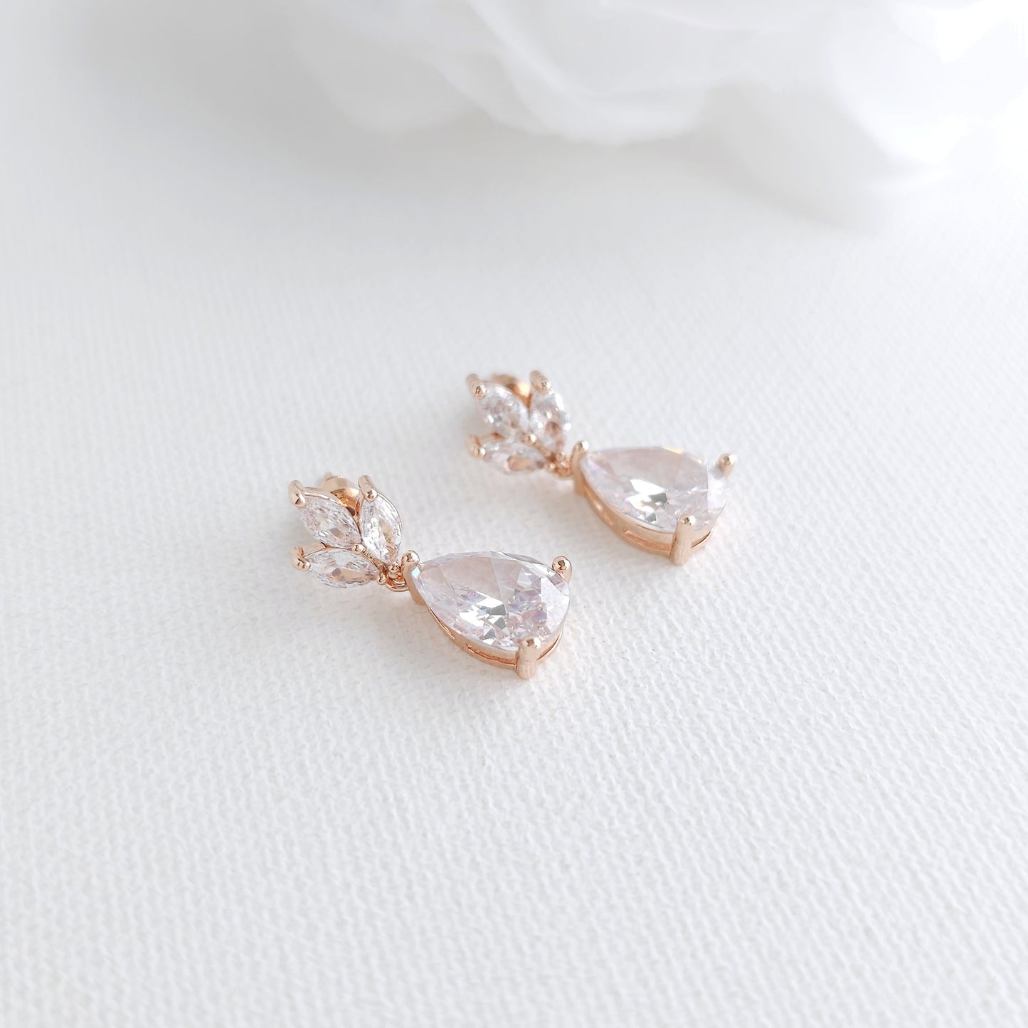 Small Bridal Dangle Drop Earrings with Delicate Leaf Ear-Top and Classic Teardrop for Brides (Silver CZ)– Vera