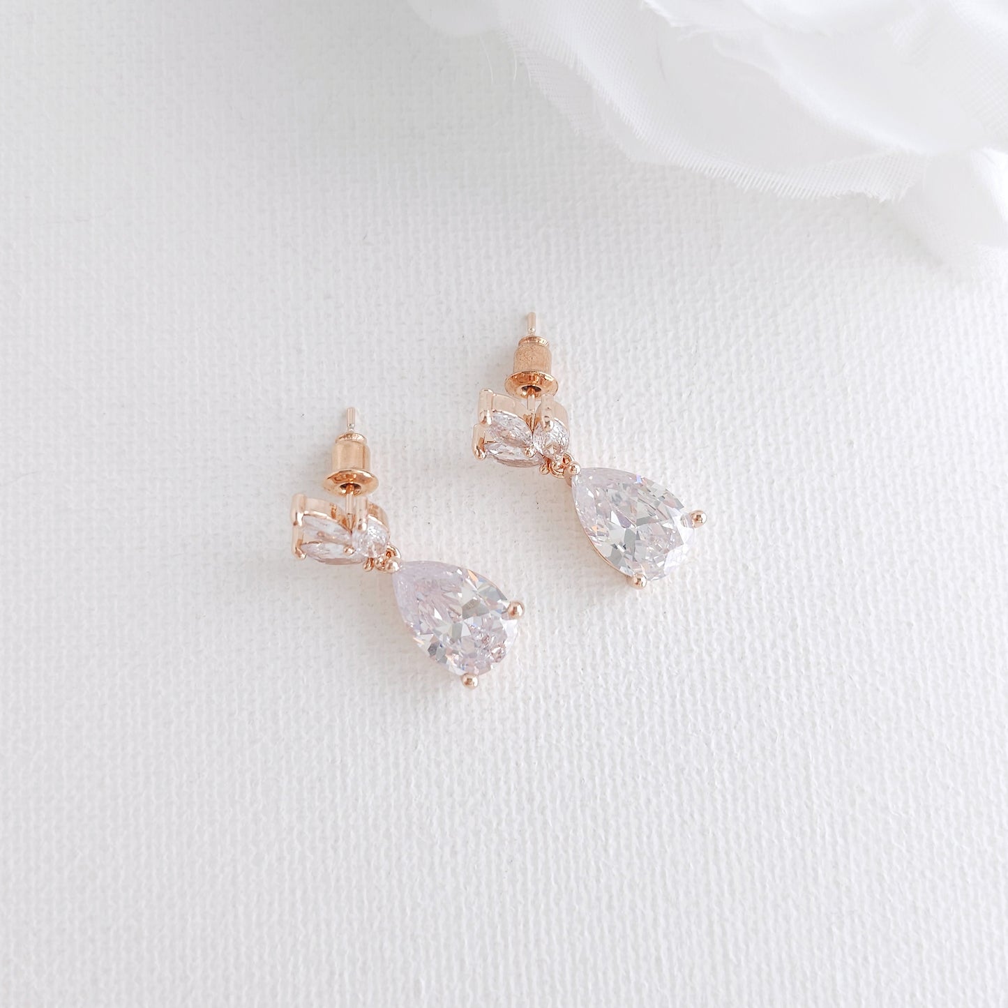 Small Bridal Dangle Drop Earrings with Delicate Leaf Ear-Top and Classic Teardrop for Brides (Silver CZ)– Vera