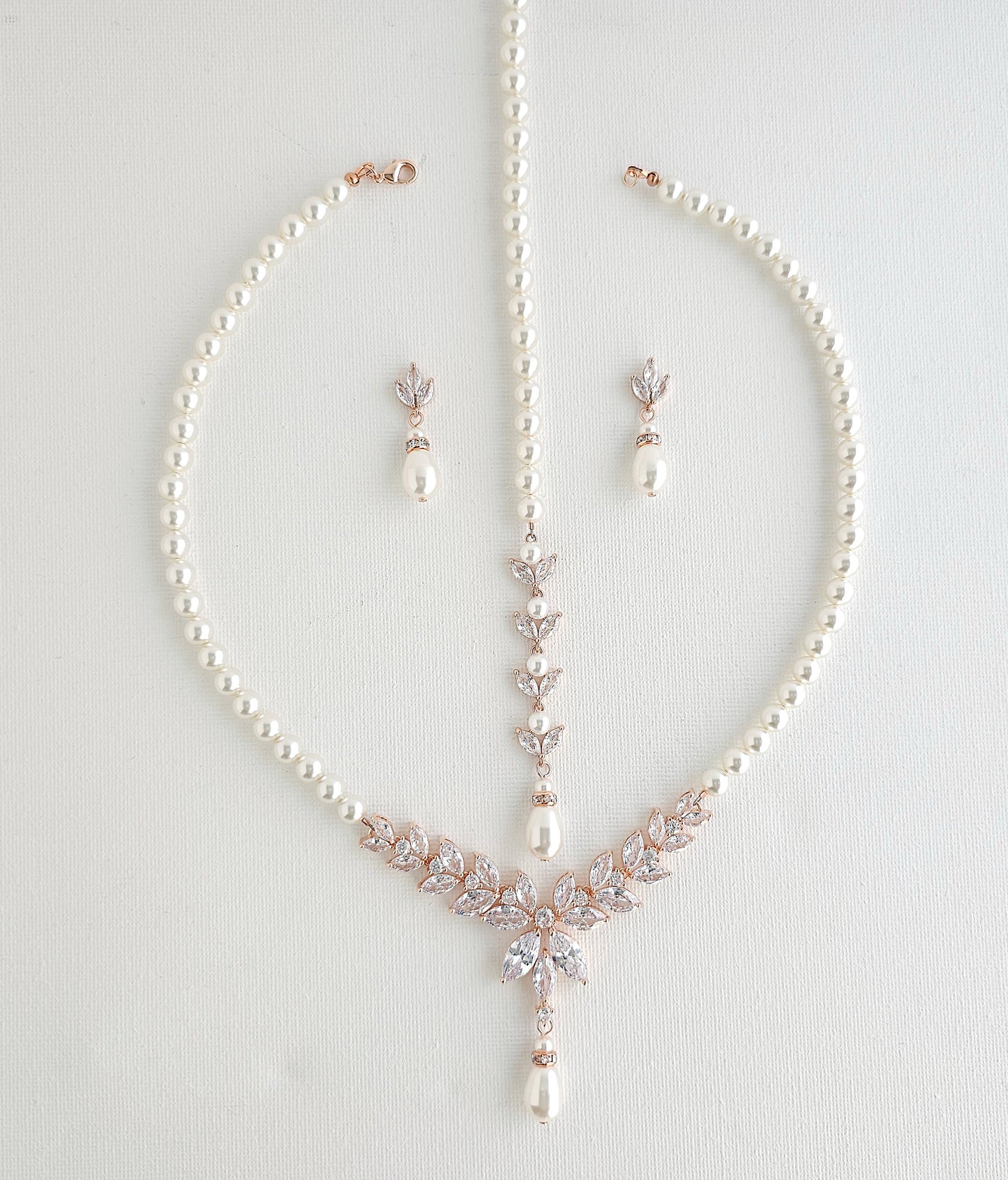 Pearl Bridal Jewelry Set in Ivory White Pearl Color with Necklace, Backdrop & Earrings-Katie