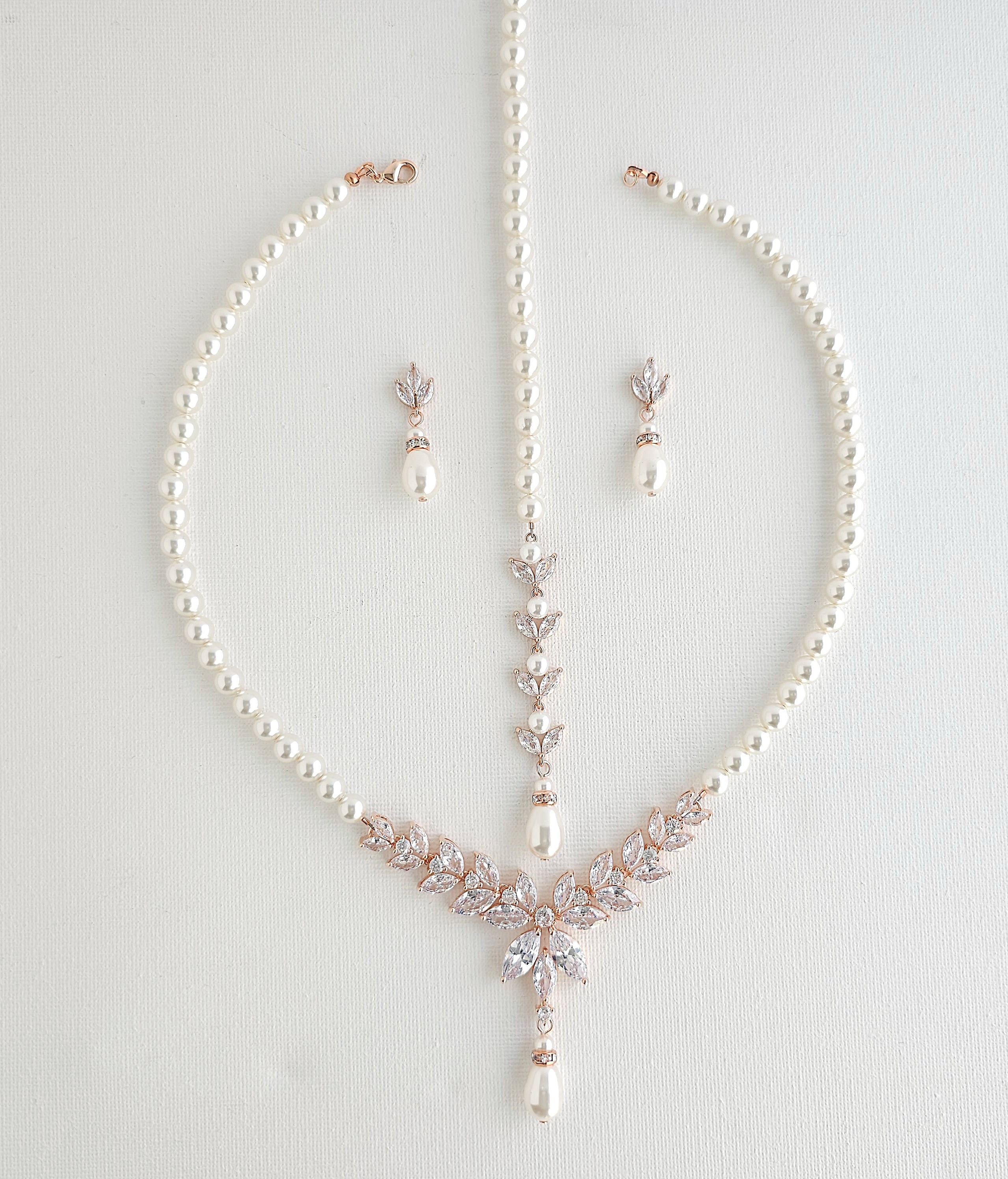 Pearl Necklace and Earrings Wedding Jewelry Set- Katie - 16\" Inches Front  Necklace + Backdrop + Earrings / Rose Gold / White/ Ivory Pearl Necklace With Earrings Jewelry Set for Wedding in Rose Gold –  PoetryDesigns