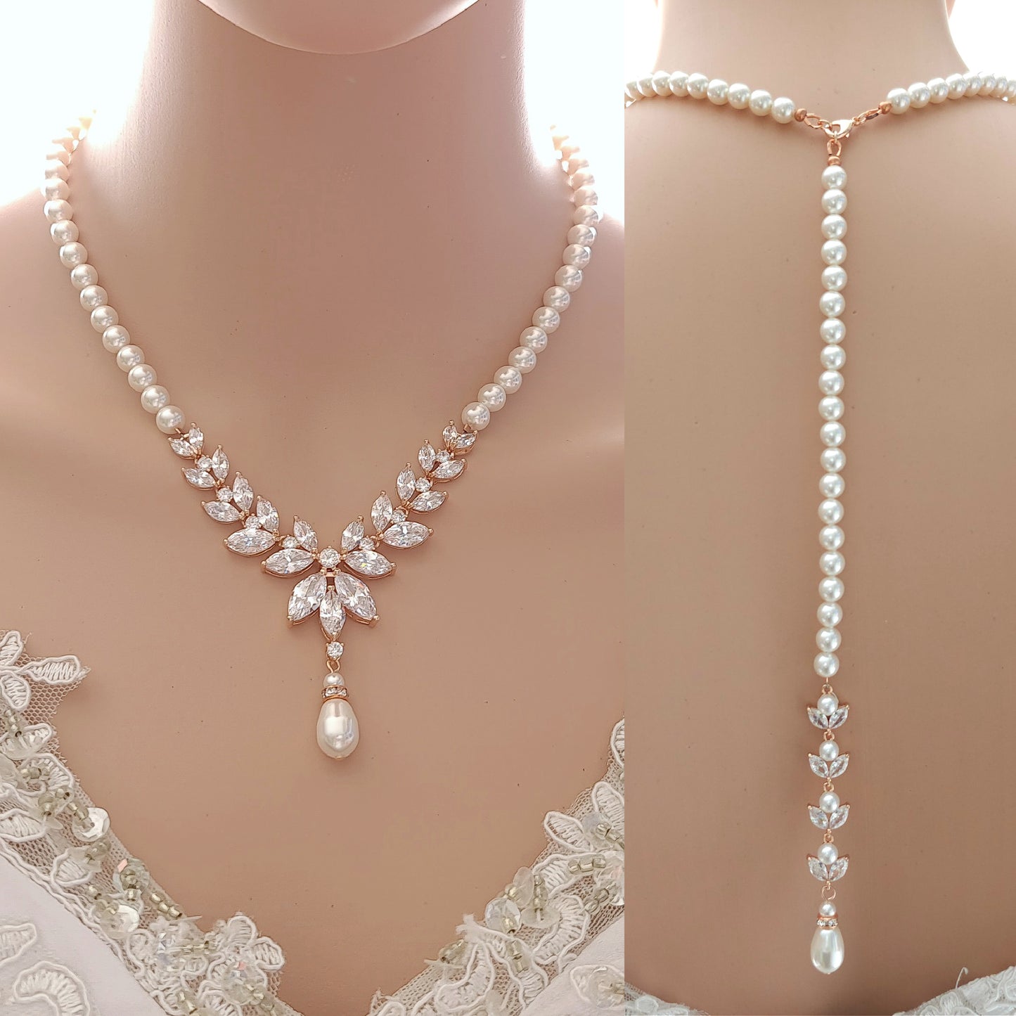 Pearl Strand & Crystal Gold Necklace for Wedding with Backdrop-Katie