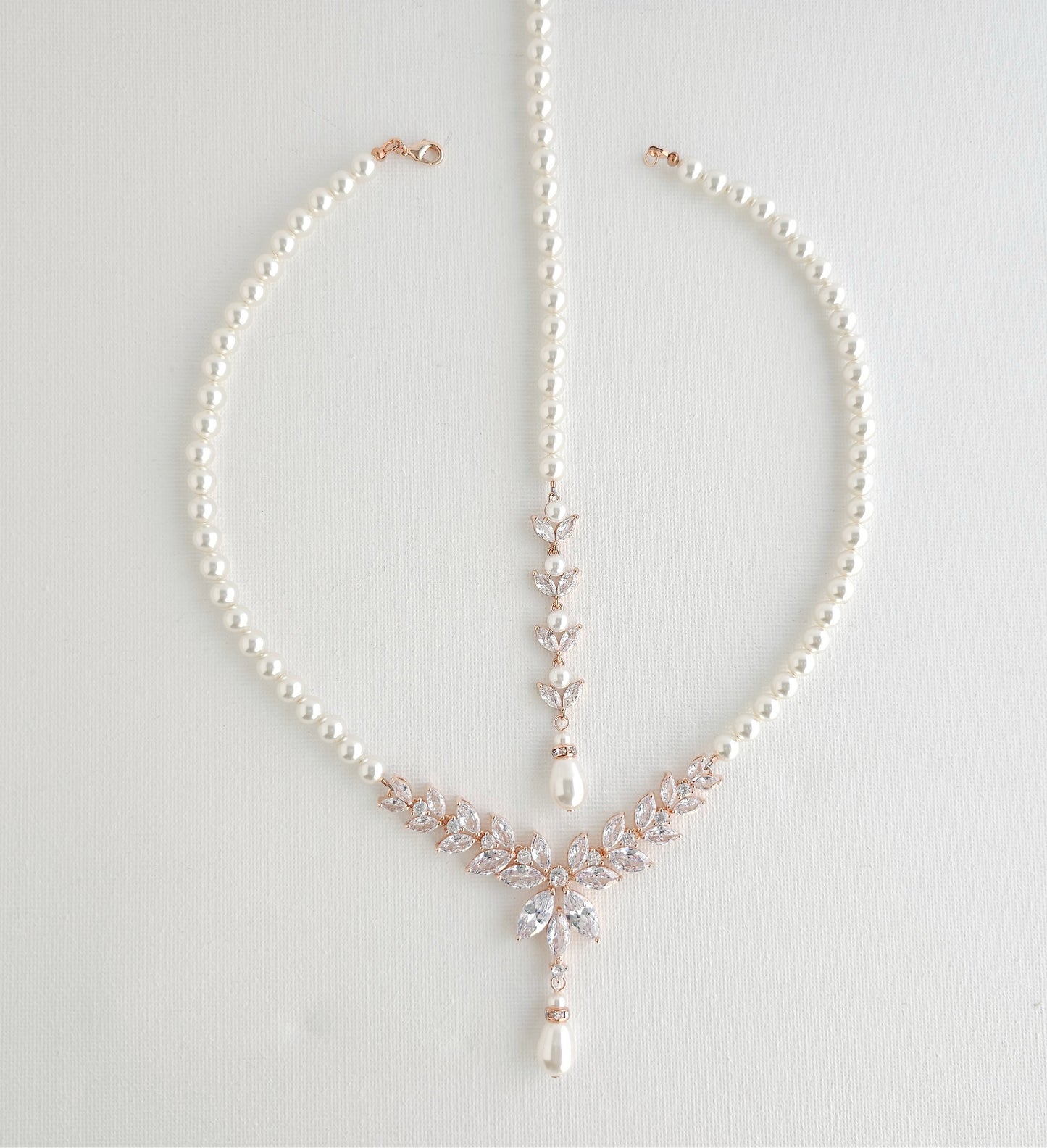 Rose Gold Back Necklace in Pearls With Separable Backdrops-Katie