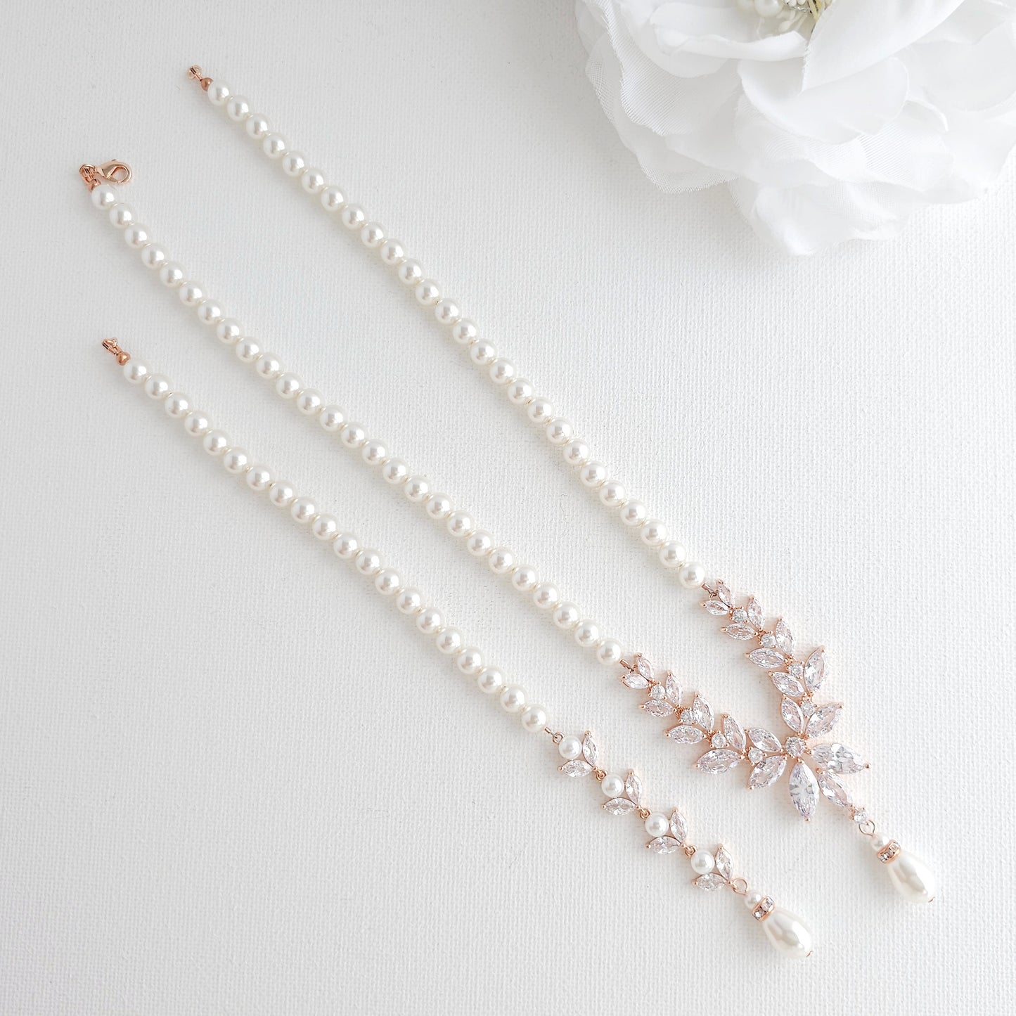 Rose Gold Back Necklace in Pearls With Separable Backdrops-Katie