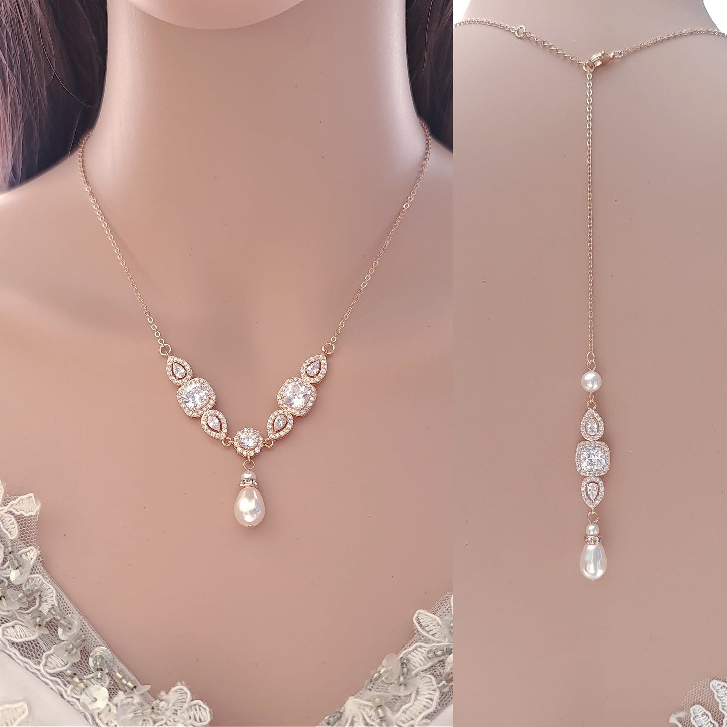 Gold Necklace for Brides with Pearl Drops-Gianna