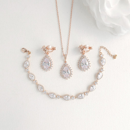Rose Gold Bridal Jewelry Set with Clipon Earrings - Raya