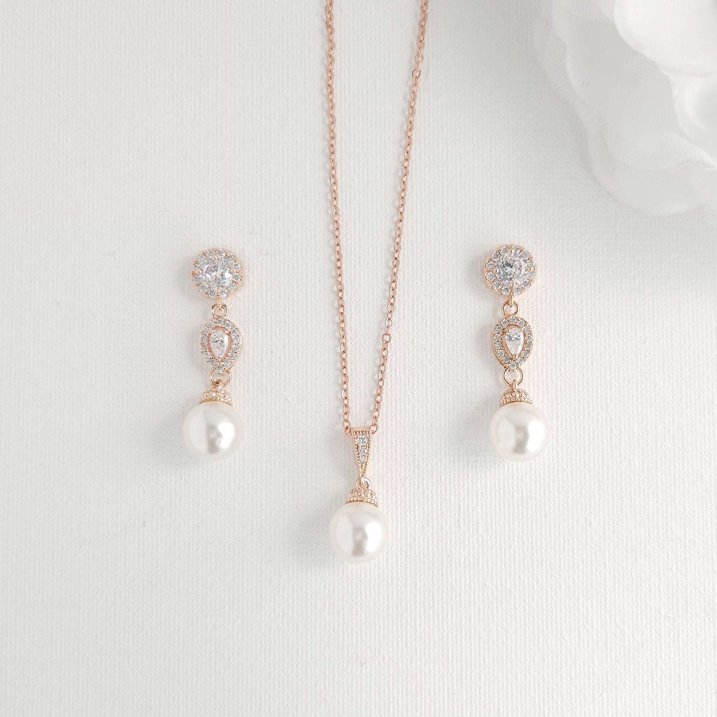 Rich Gold Pearl Jewelry Set: Classic CZ Necklace and Drop Earrings - Gwen