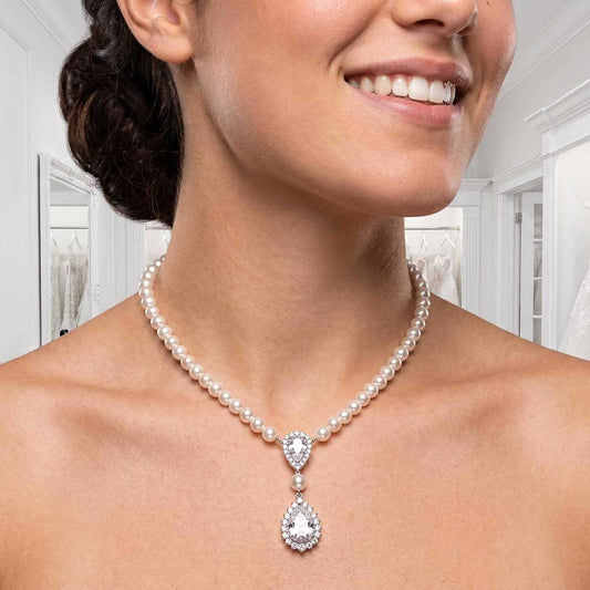 Bridal Pearl Strand and Teardrop CZ Pendant Necklace - Raya
