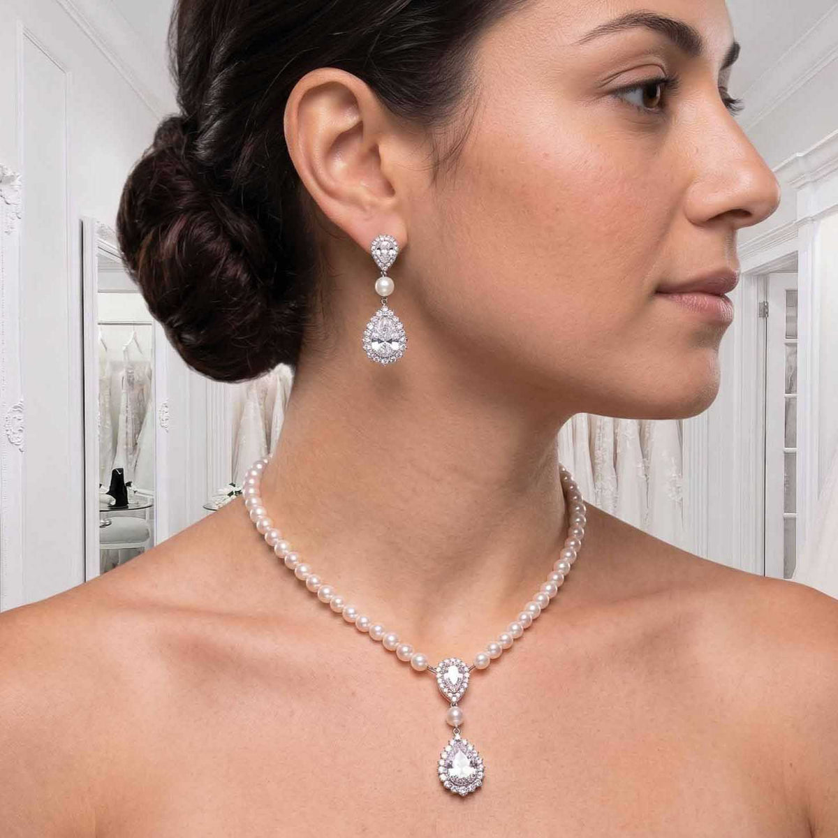 Bridal Pearl Strand and Teardrop CZ Pendant Necklace - Raya