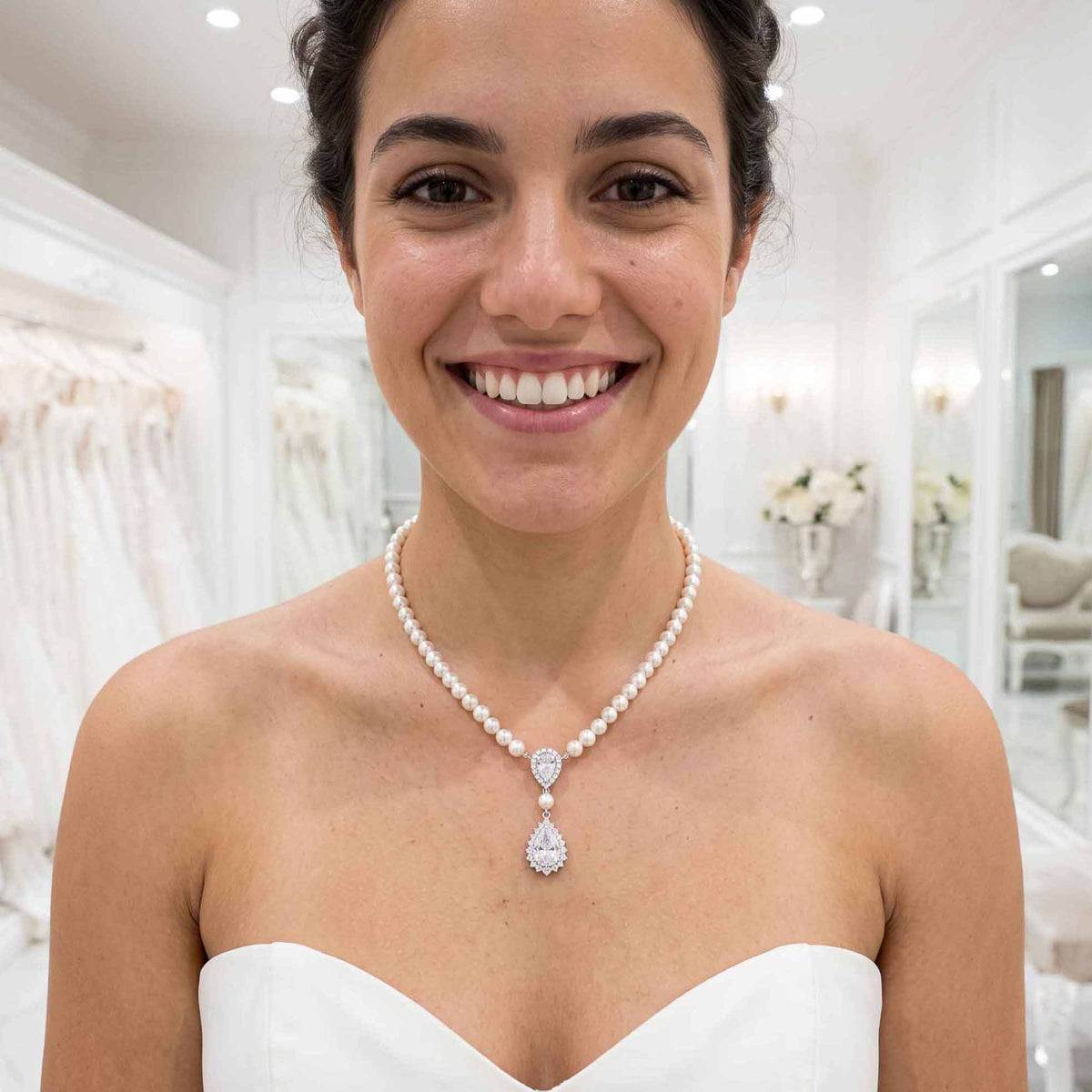 Bridal Pearl Strand and Teardrop CZ Pendant Necklace - Raya