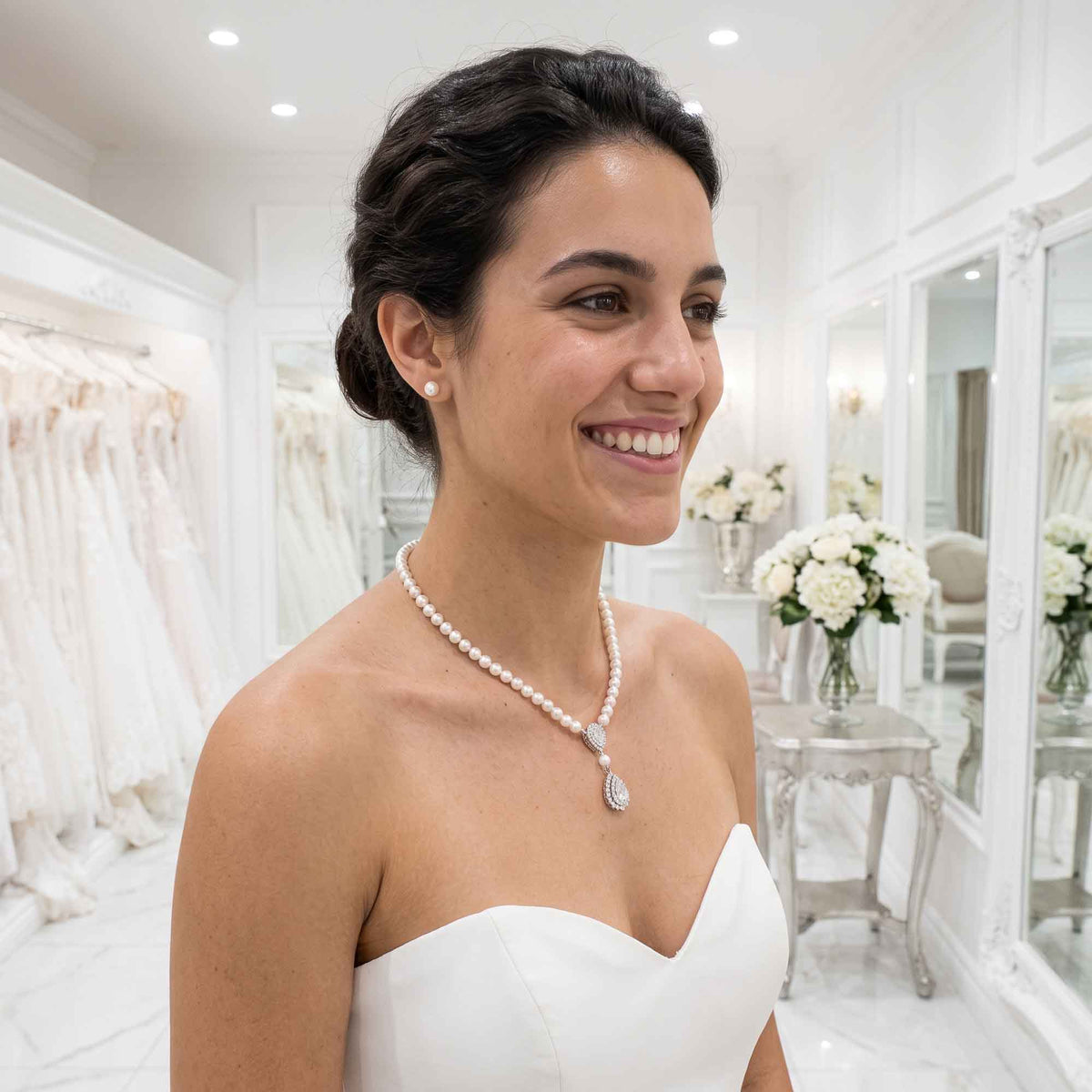 Bridal Pearl Strand and Teardrop CZ Pendant Necklace - Raya