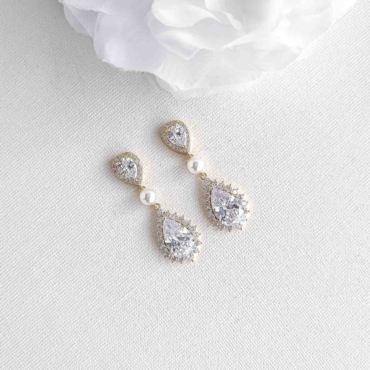 Teardrop Cubic Zirconia and Pearl Bridal Earrings