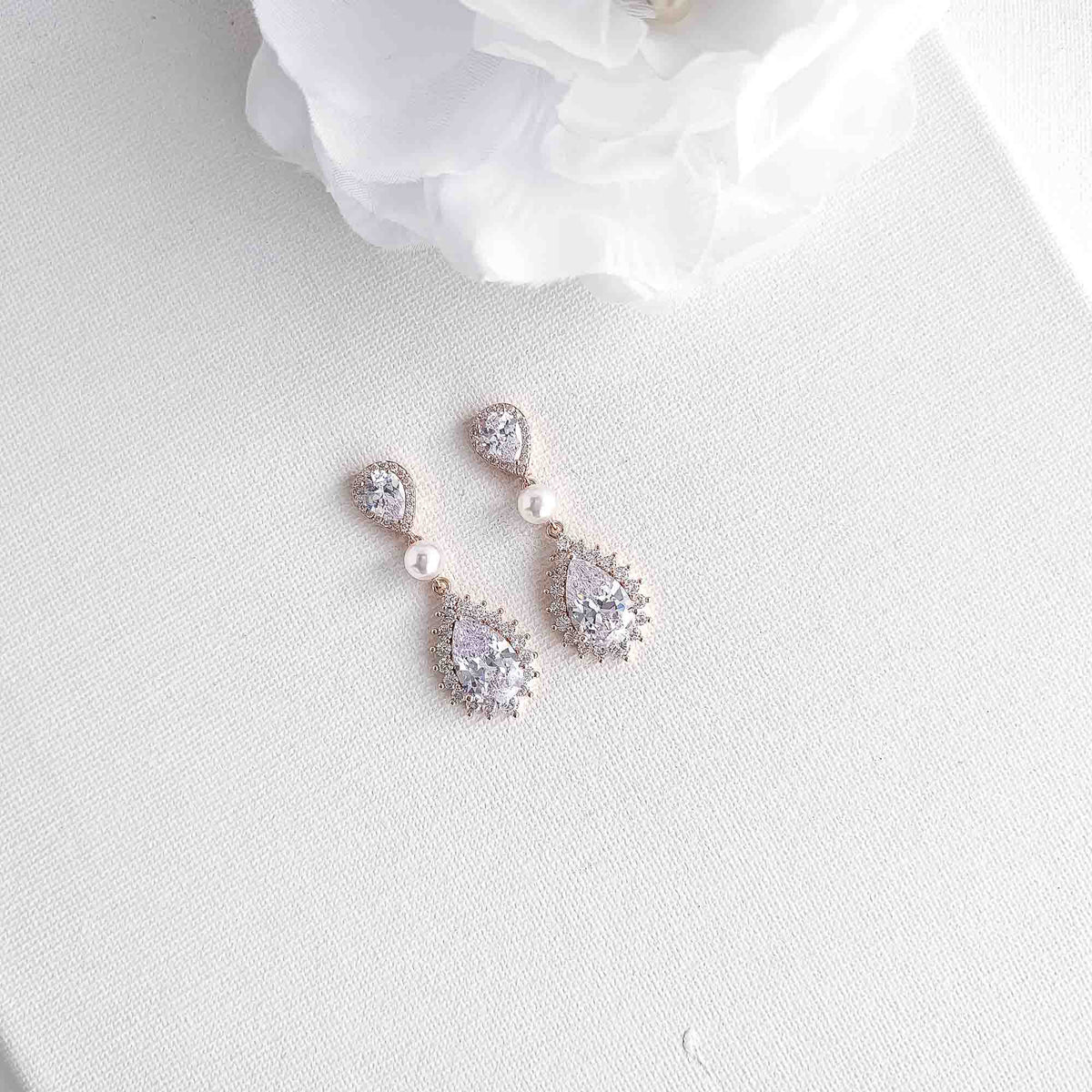 Teardrop Cubic Zirconia and Pearl Bridal Earrings