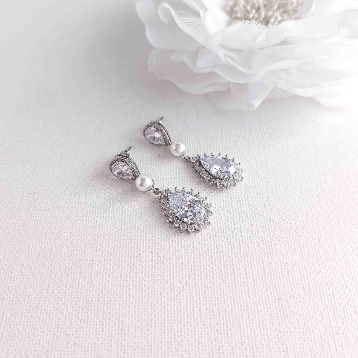 Teardrop Cubic Zirconia and Pearl Bridal Earrings 