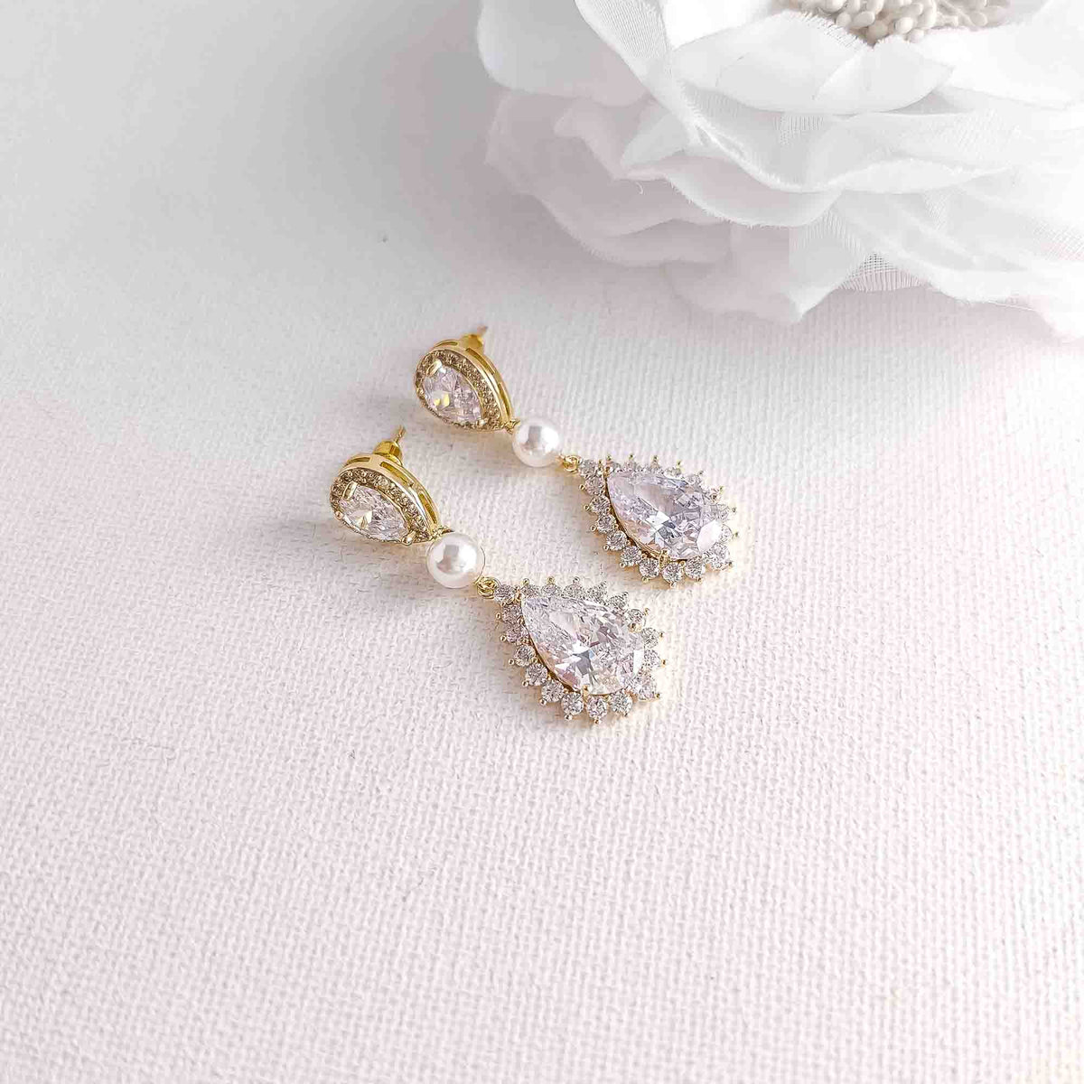 Teardrop Cubic Zirconia and Pearl Bridal Earrings showing the pin/ post