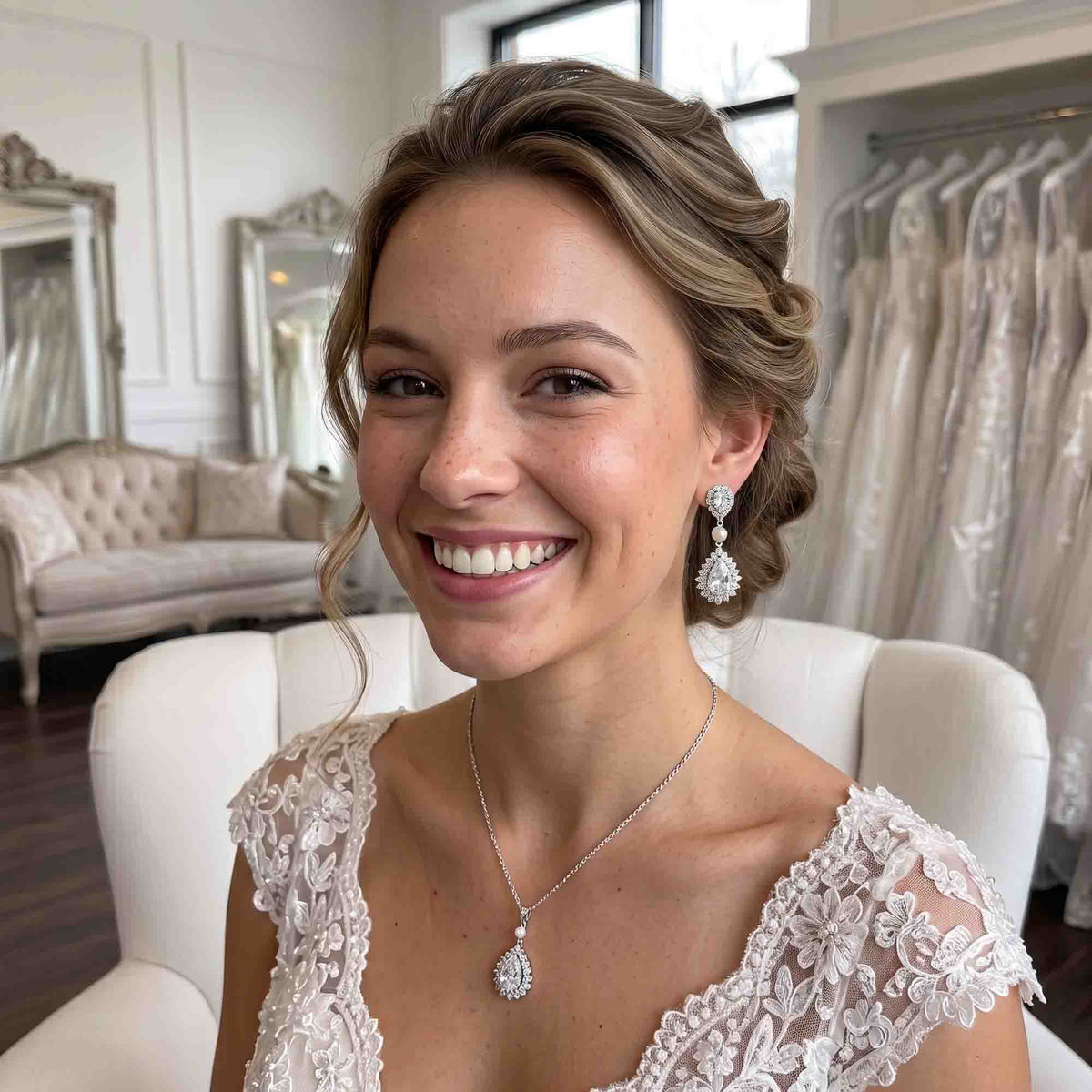 Bride model wearing Teardrop Cubic Zirconia and Pearl Bridal Earrings 