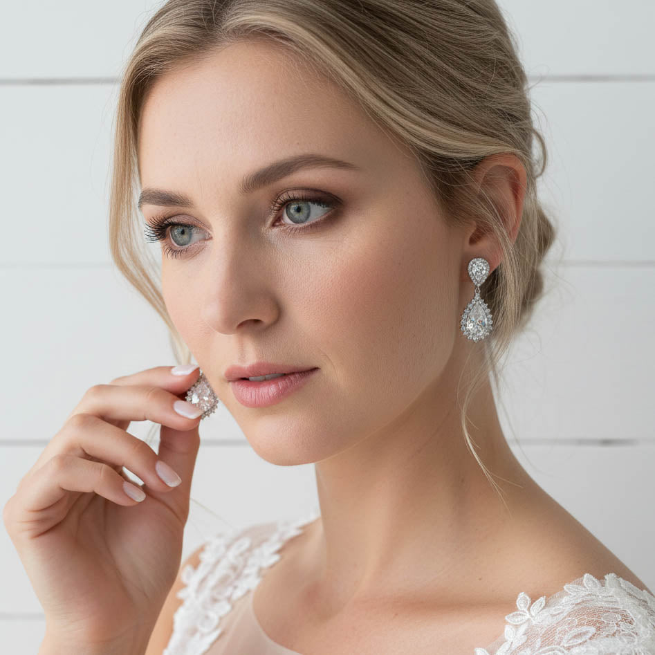 Silver Crystal Teardrop Bridal & Evening Earrings - Raya