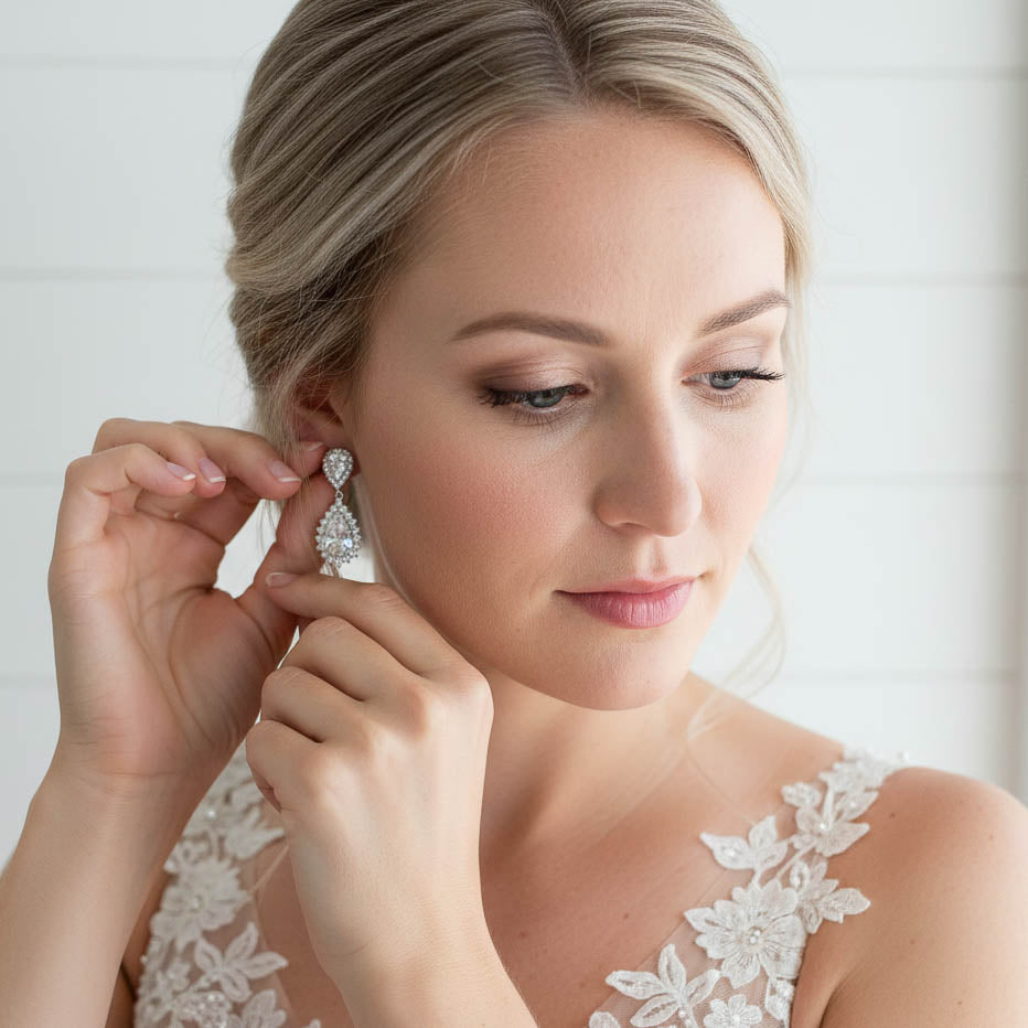 Silver Crystal Teardrop Bridal & Evening Earrings - Raya