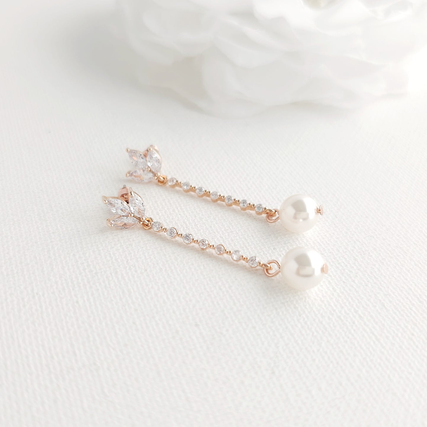 Skinny Long Rose Gold Pearl Drop Earrings- Jodi