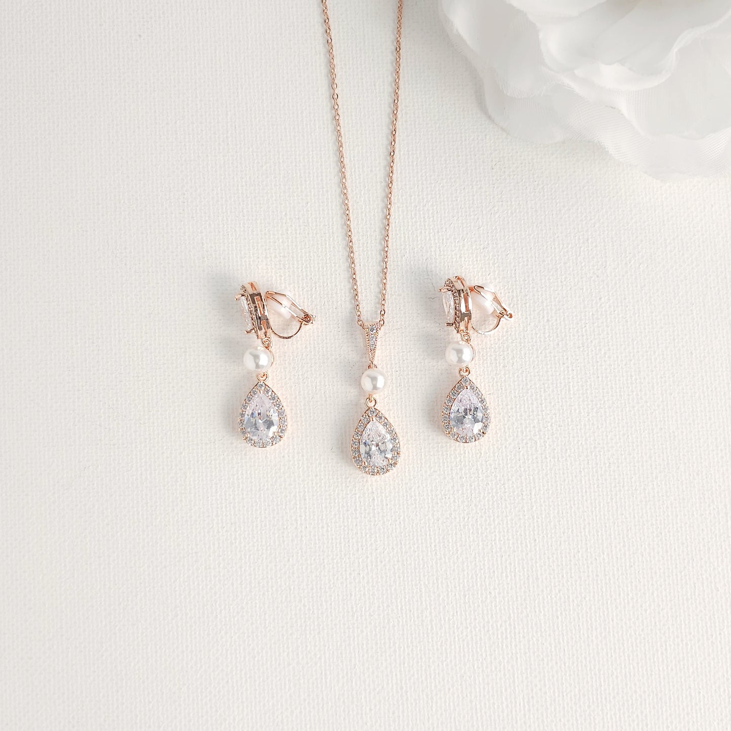 Silver 3-Piece Bridal Jewelry Set- Necklace, Bracelet & Clip-On Earrings- Emma