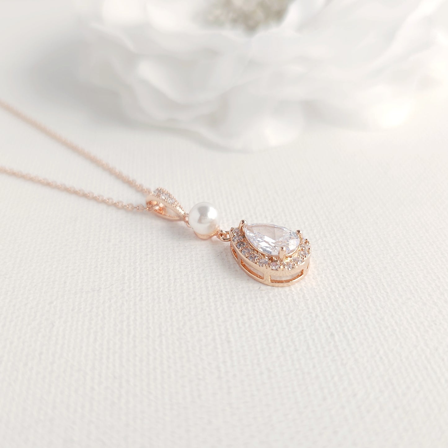 Classic Teardrop Pearl & Crystal Jewelry Set: Silver Necklace, Earrings & Bracelet- Emma