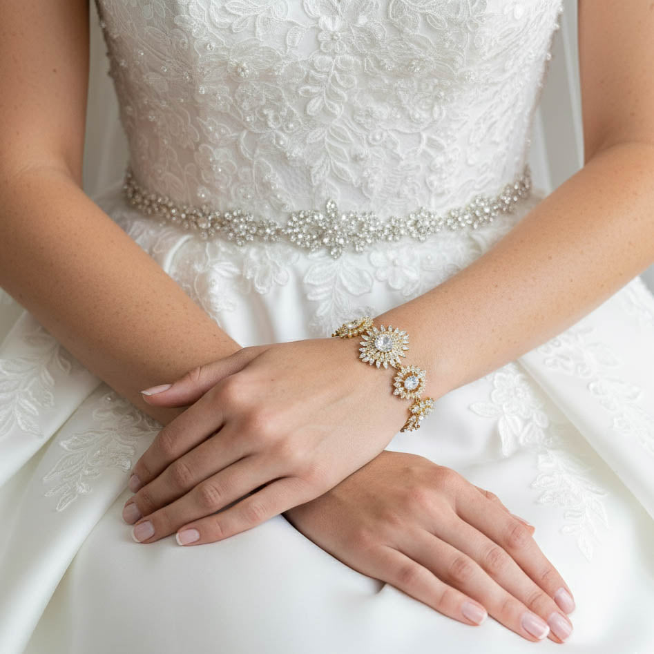 Gold Statement Bracelet in Cubic Zirconia-Samantha