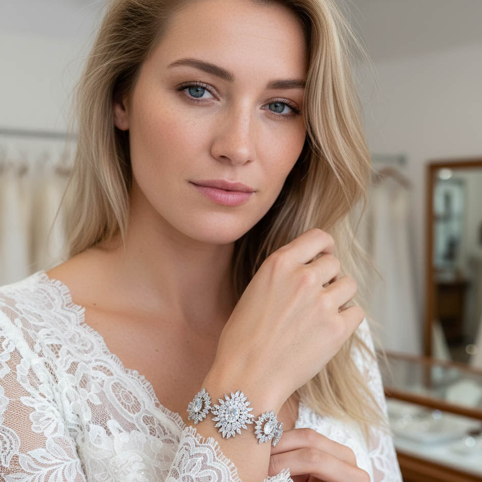 Gold Statement Bracelet in Cubic Zirconia-Samantha