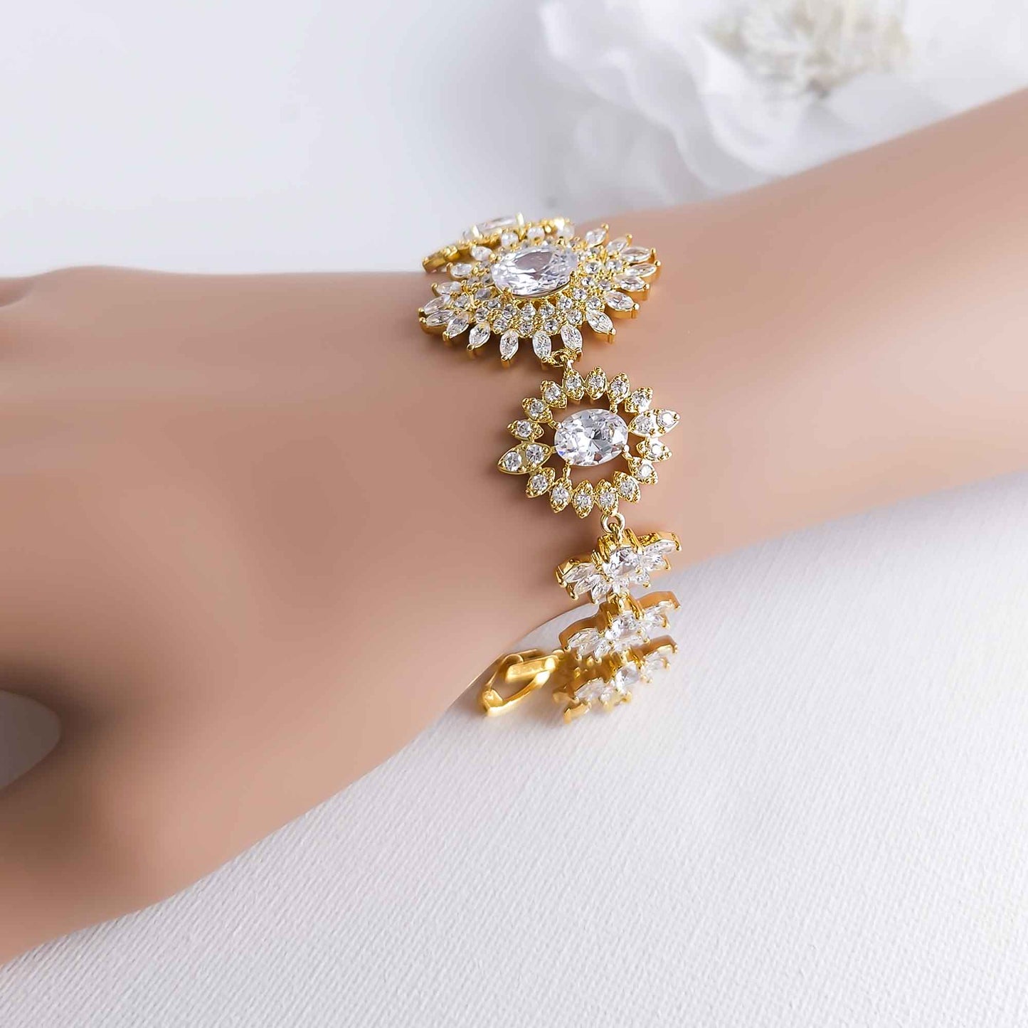 Gold Statement Bracelet in Cubic Zirconia-Samantha