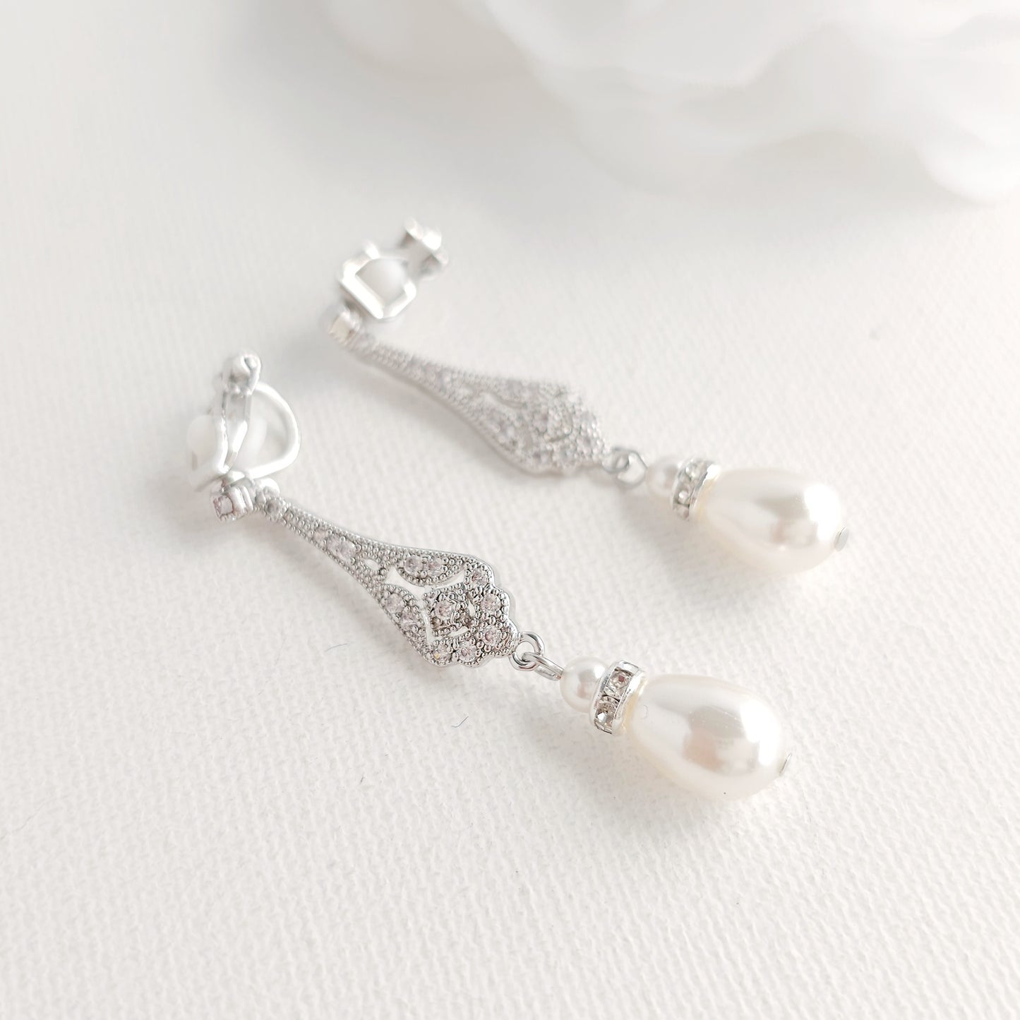 Pearl Drop Clip On Earrings for Weddings - Lisa