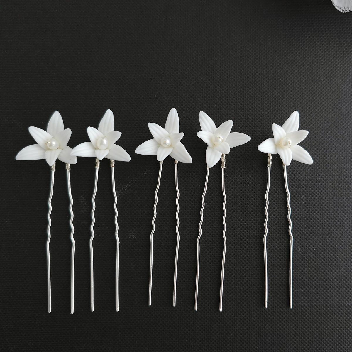 White Flower Wedding Hair Pins 5-Piece Set in Silver and Gold - Jasmine