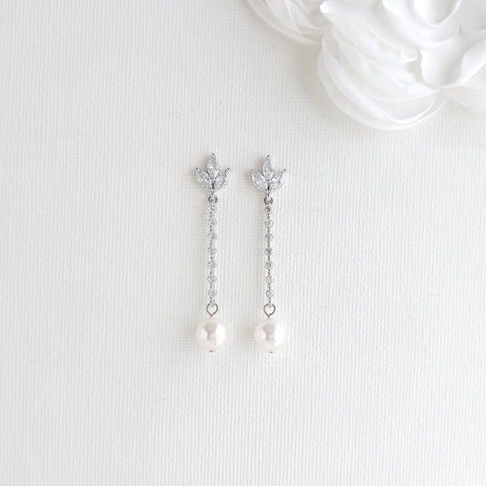 Classic Silver Round Pearl Drop Thin Earrings | Rhodium Plated CZ Dangle -Jodi