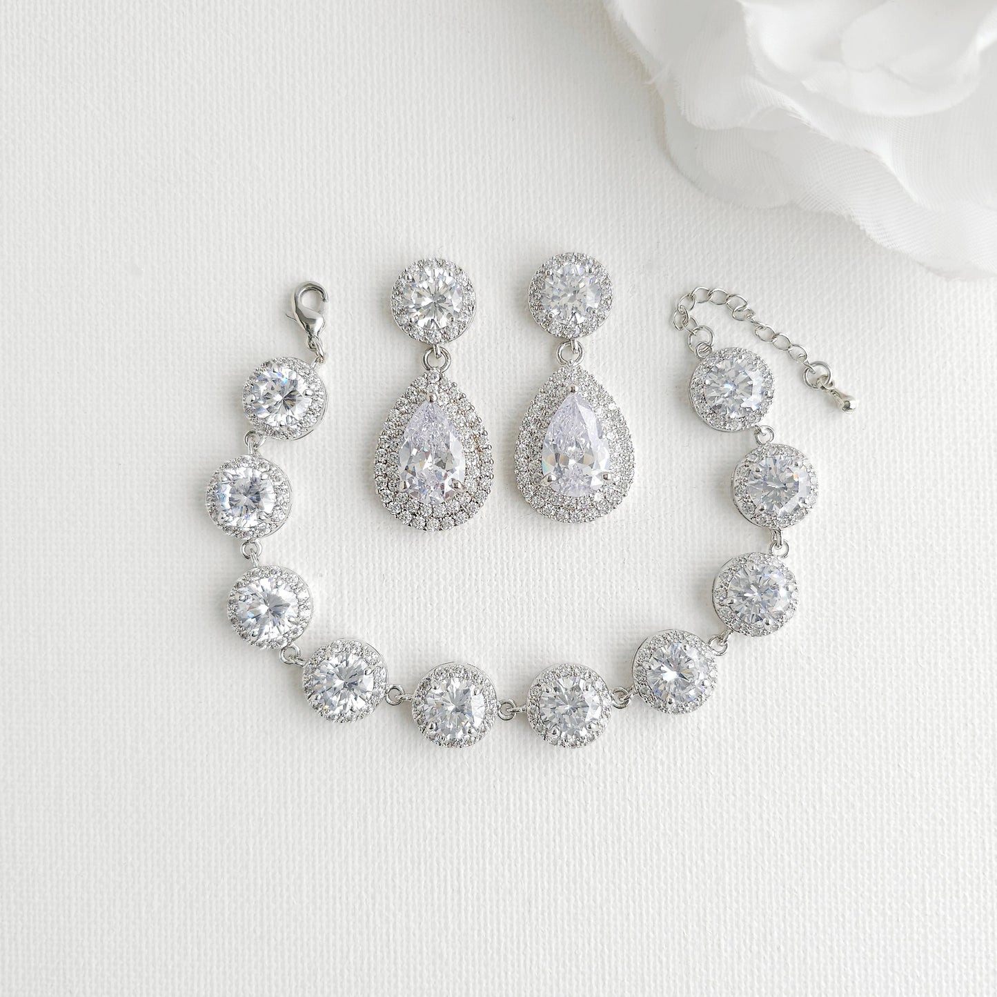 Rose Gold Bridal Jewelry Set | Vintage Teardrop Earrings & Halo Bracelet - Grace