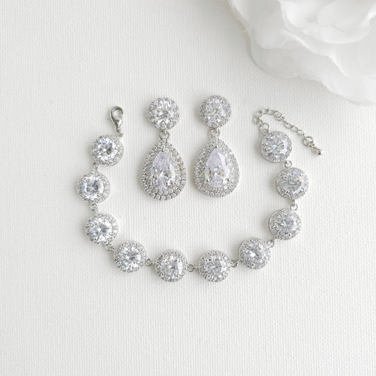 Silver Bridal Jewelry Set | Cubic Zirconia Teardrop Earrings & Halo Bracelet - Grace