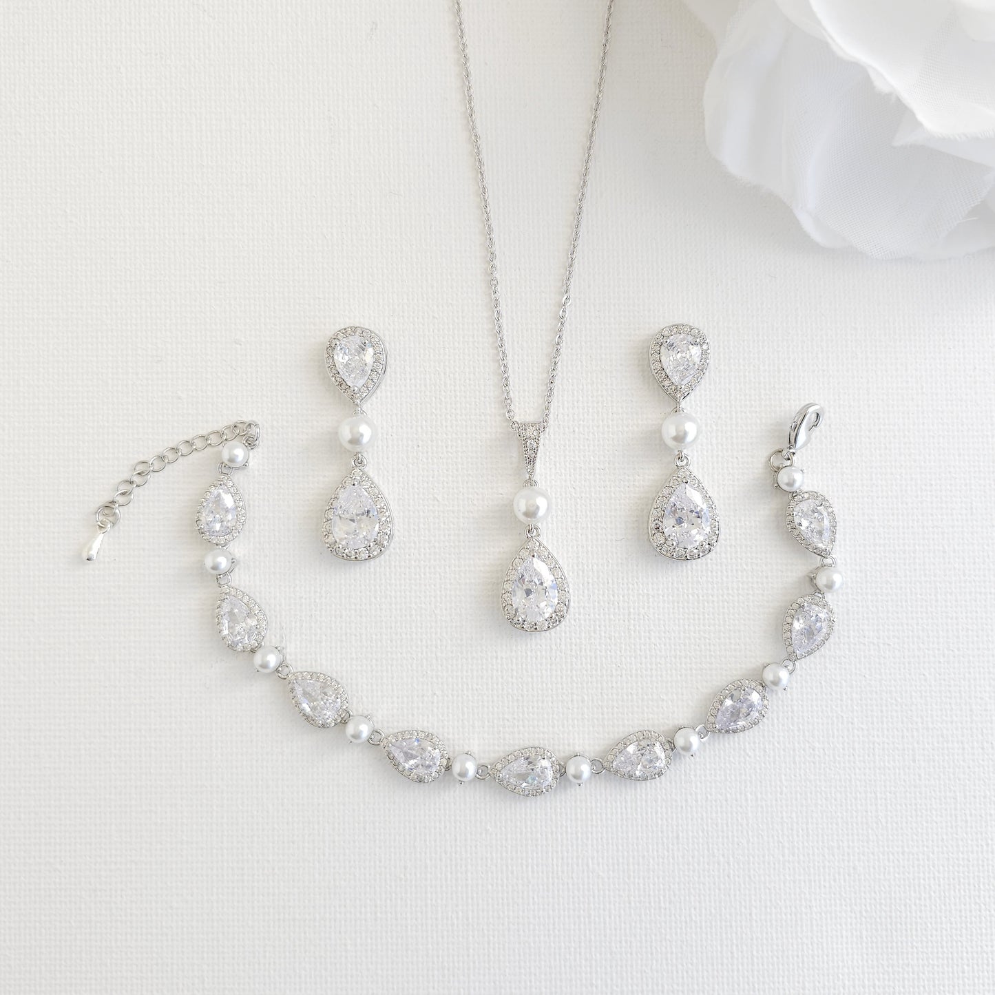 Classic Teardrop Pearl & Crystal Jewelry Set: Silver Necklace, Earrings & Bracelet- Emma