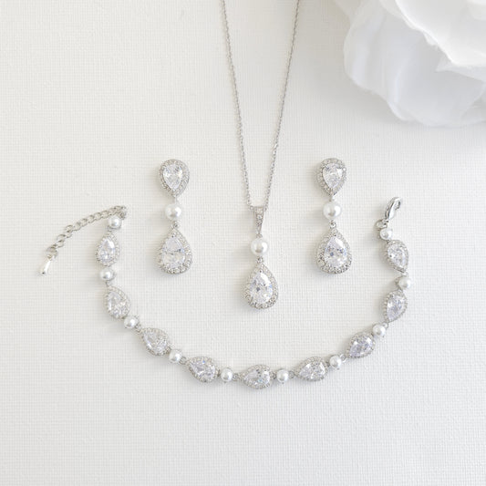 Classic Teardrop Pearl & Crystal Jewelry Set: Silver Necklace, Earrings & Bracelet- Emma