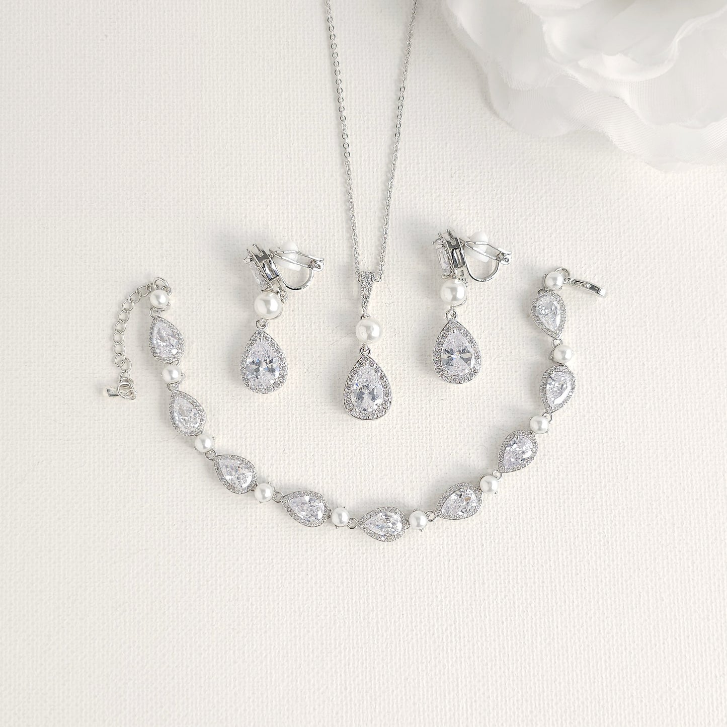 Silver 3-Piece Bridal Jewelry Set- Necklace, Bracelet & Clip-On Earrings- Emma