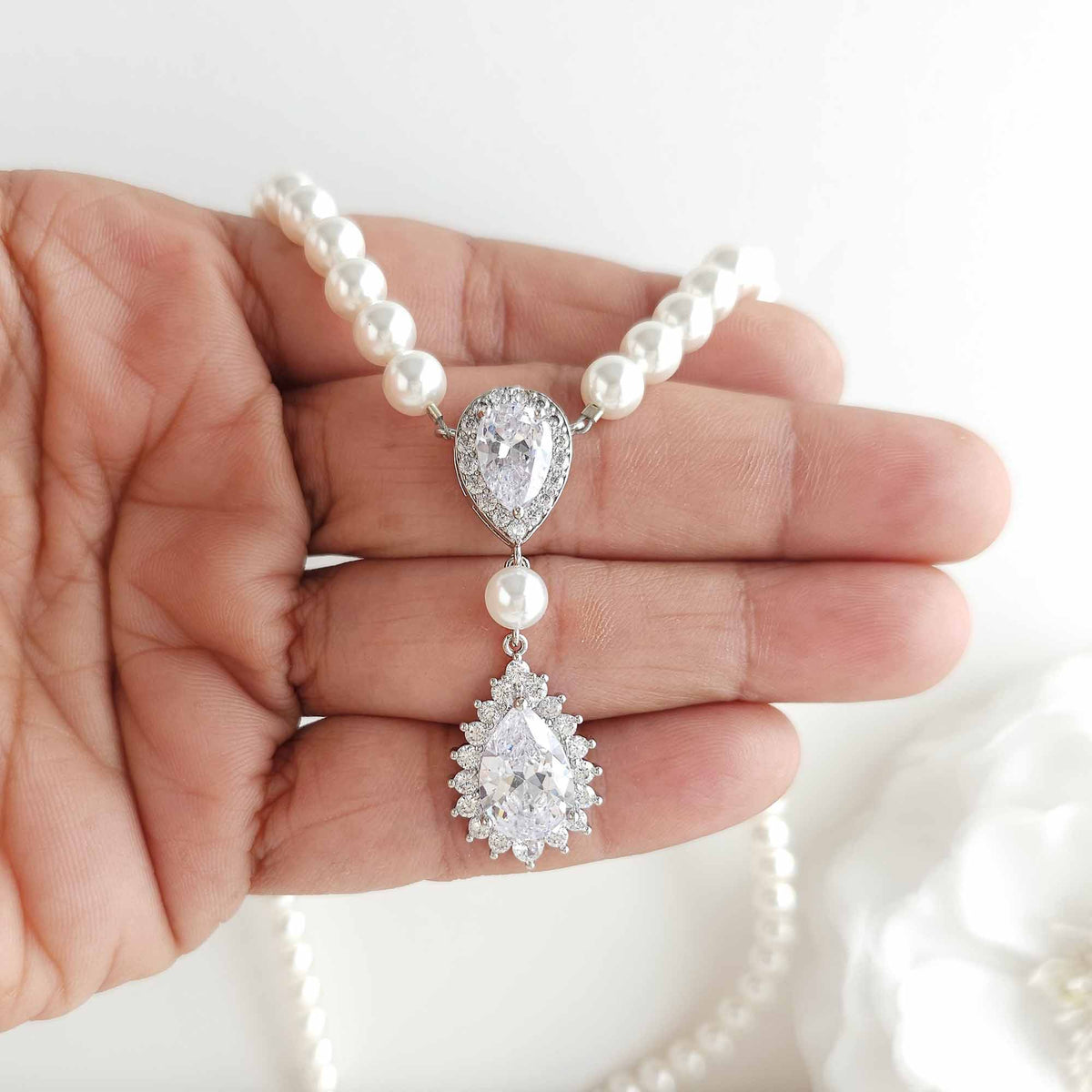 Bridal Pearl Strand and Teardrop CZ Pendant Necklace - Raya