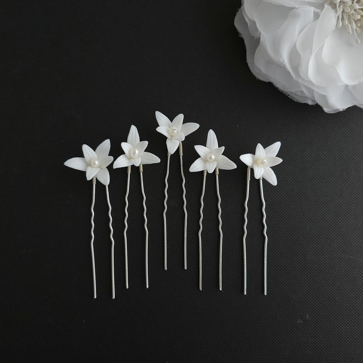 White Flower Wedding Hair Pins 5-Piece Set in Silver and Gold - Jasmine